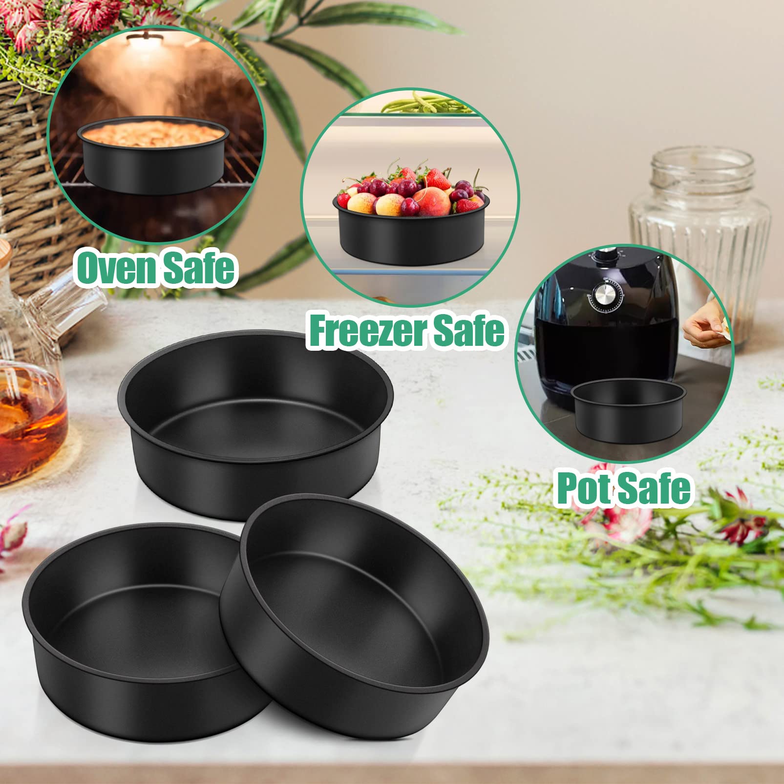 Teamfar 6 Inch Cake Pan, Round Baking Layer Cake Pan Set Of 3, With Non-Stick Coating Stainless Steel Core For Birthday, Party,