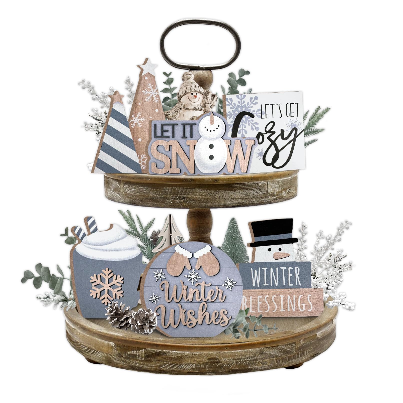 Guoofu Winter Tiered Tray Decor, Gray Winter Snowflakes Tray Decorations Set, Let It Snow Snowman Hot Cocoa Wooden Signs, Christ