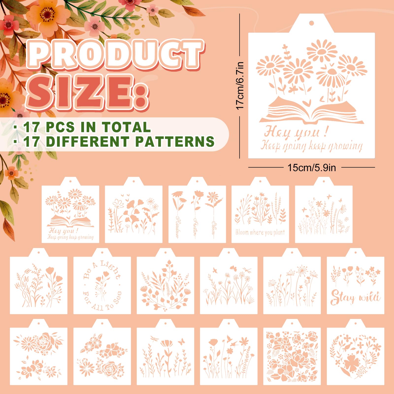 Whaline 17Pcs Flower Theme Cookie Stencils Inspirational Floral Airbrush Painting Stencils Assorted Biscuit Cake Baking Template