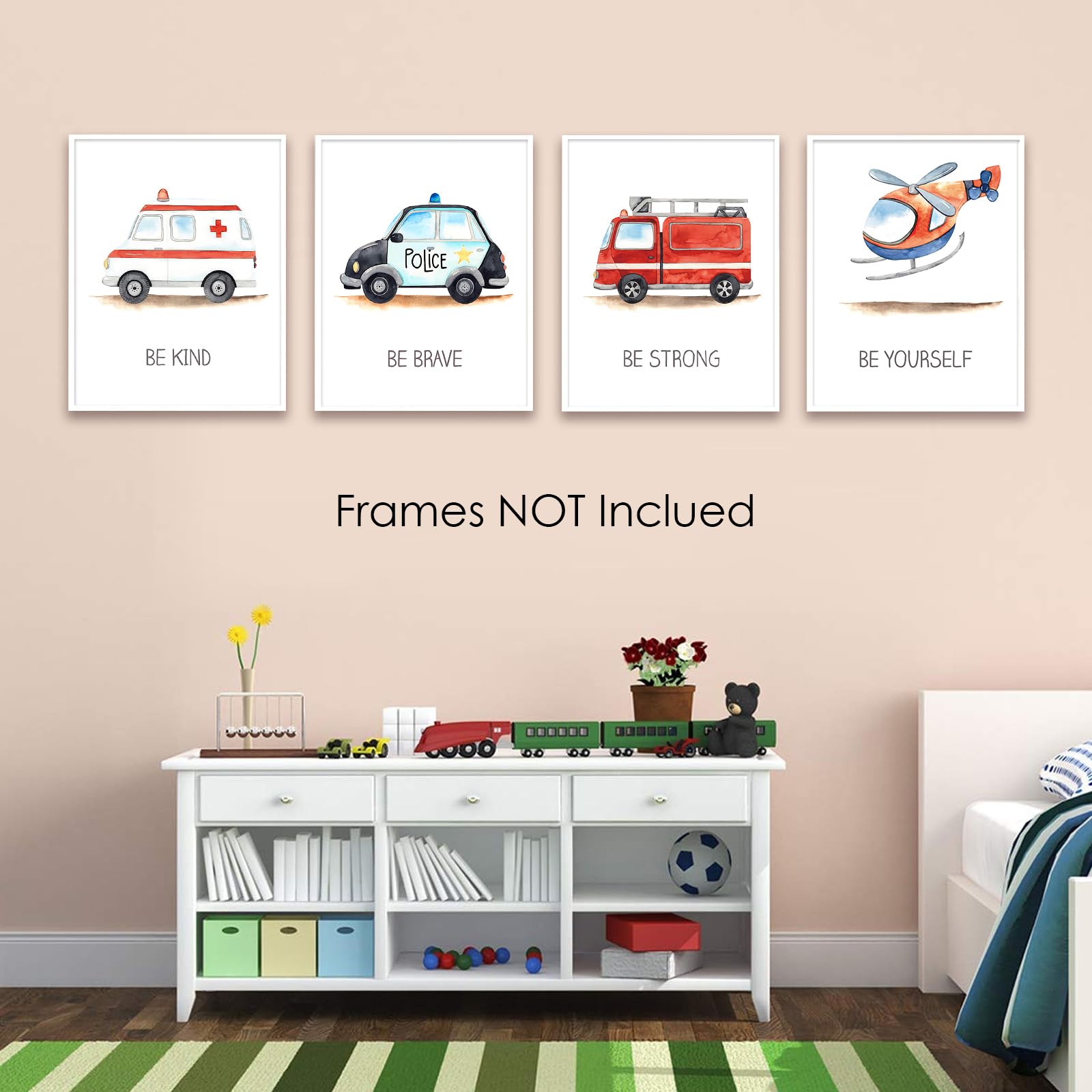 4 Pcs Emergency Vehicle Wall Art Car Nursery Decor Boys Room Wall Decor, Unframed, Cute Fire Truck Ambulance Police Car Transpor