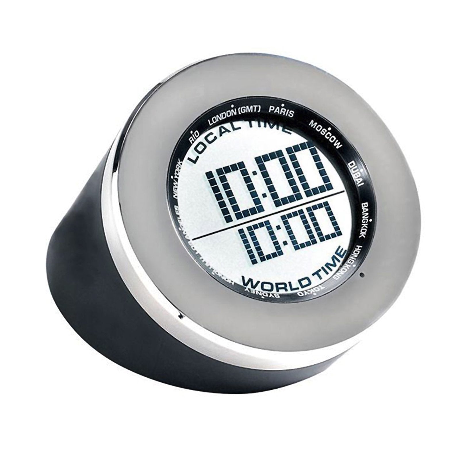 Seth Thomas Silver Tone Metal and Black Rubber Case Grey with Digital LCD Dial Round Multifunction Desk Clock
