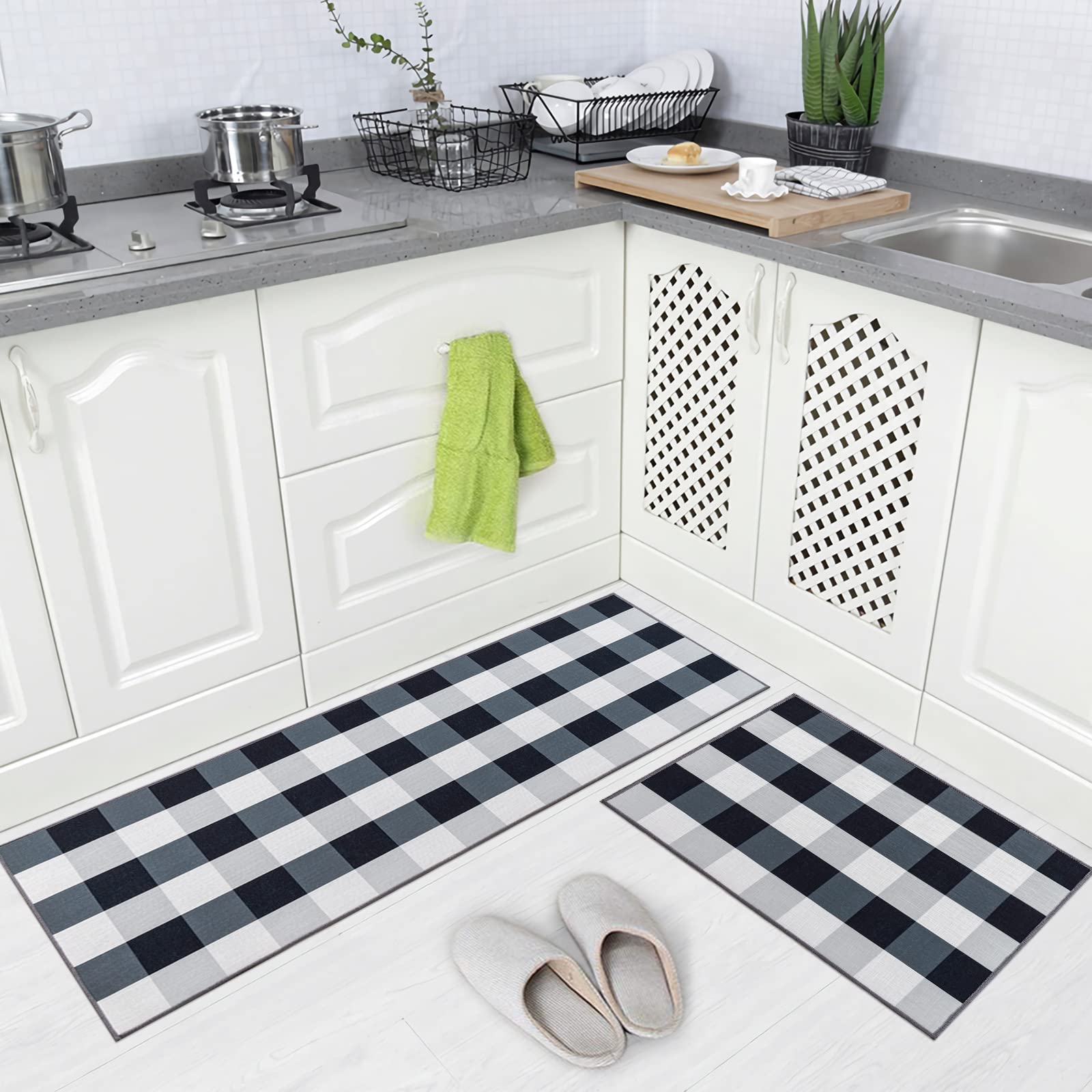 Carvapet 2 Piece Non-Slip Kitchen Rug Tpr Non-Skid Backing Mat For Doorway Bathroom Runner Rug Set, Buffalo Plaid Check Design (