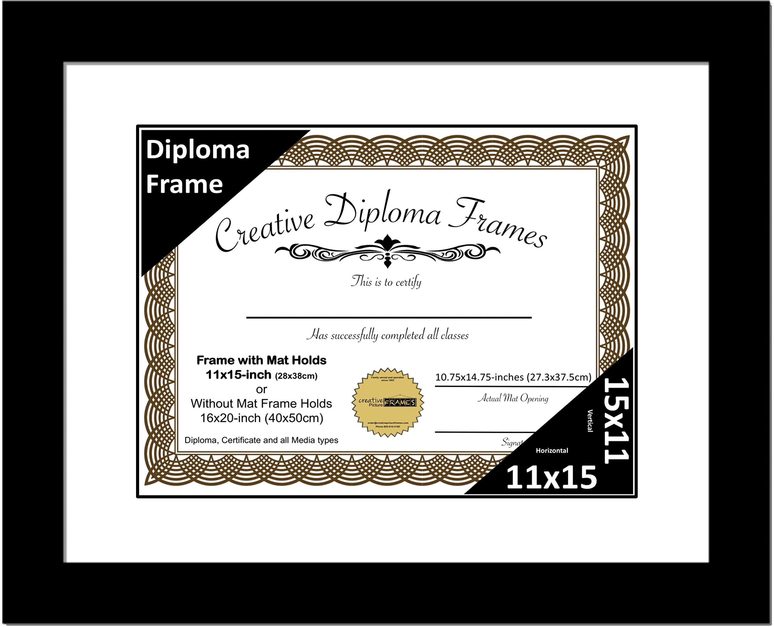 Creative Picture Frames 11x15 Classic Black Diploma Frame with White Mat Glass Easel and Installed Wall Hangers | Frame Holds 16