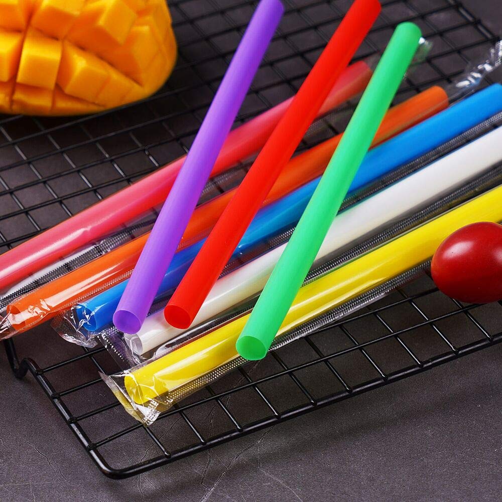 200 Pcs Individually Packaged Colorful Jumbo Smoothie Straws, Large Wide Milkshake Disposable Plastic Drinking Straw (0.43'' Dia