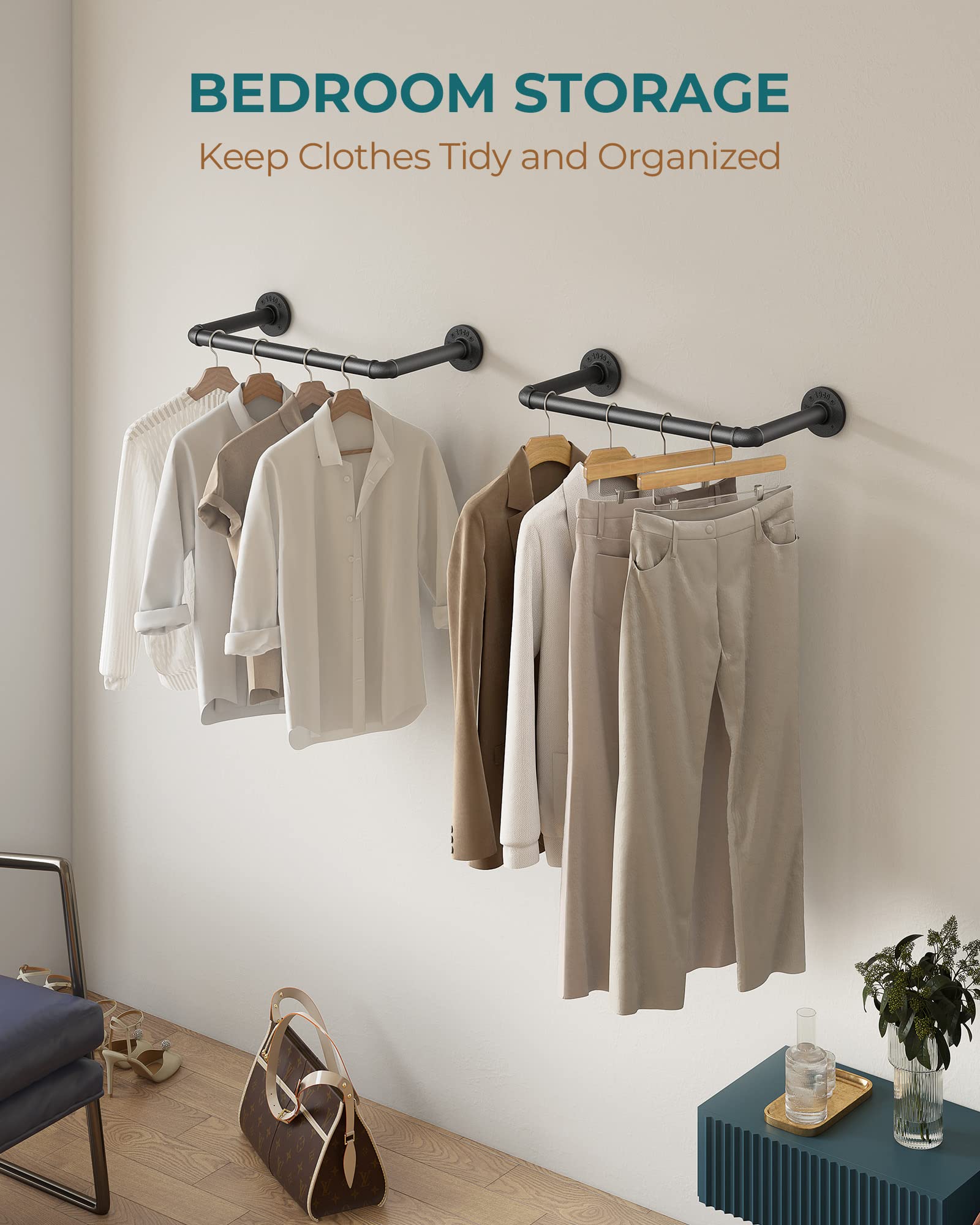 Oropy Industrial Pipe Clothes Rack 21.6    Set Of 2, Heavy Duty Wall Mounted Black Iron Garment Bar, Multi-Purpose Clothing Hang