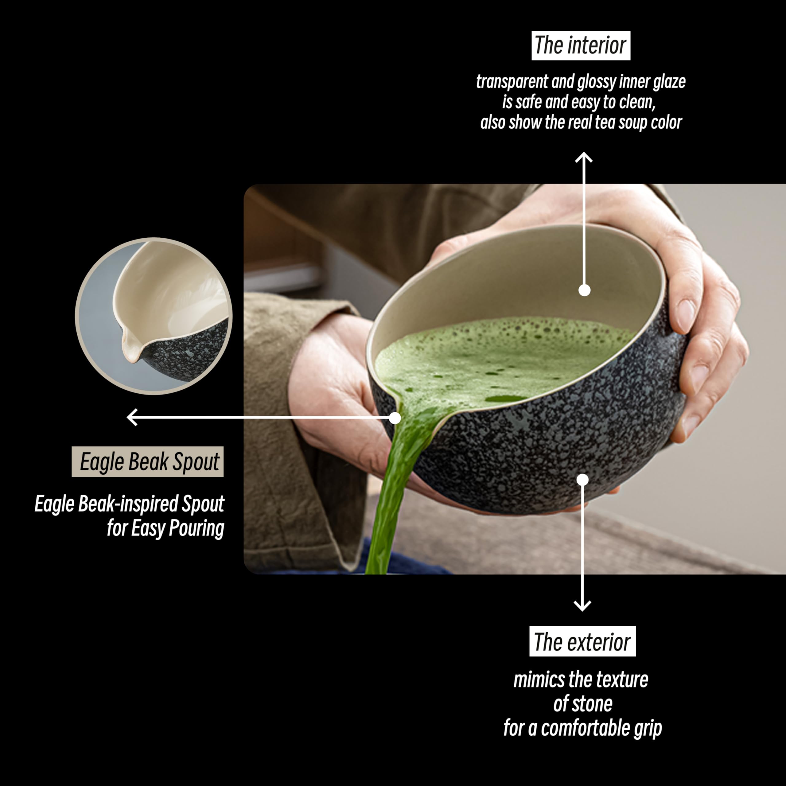 Teanagoo Japanese Natural Rock Texture Matcha Chawan With Whisk Rest, 18 Oz. K17, Rocky-Black/Grey, Matcha Tea Bowl, Ceramic Bow