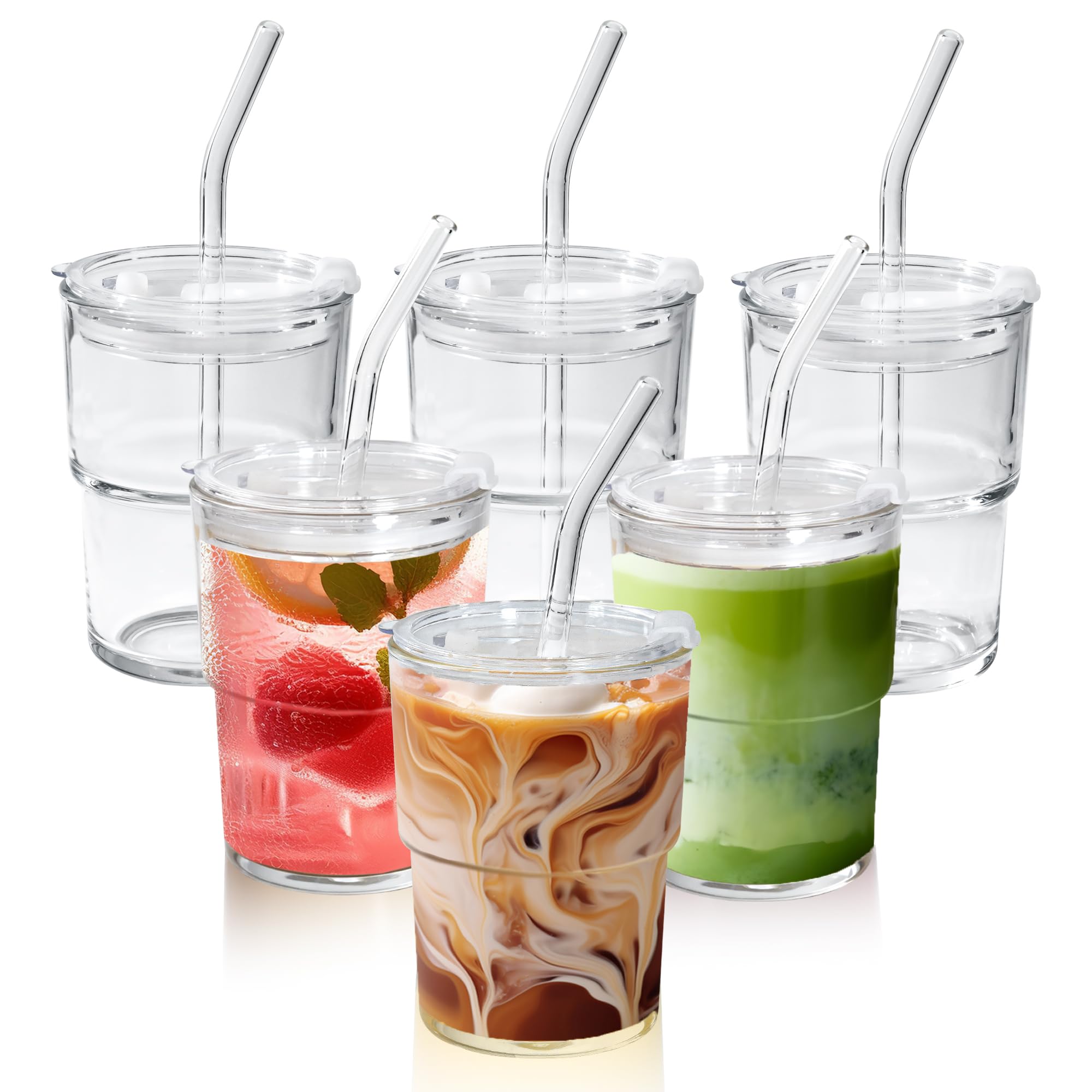 Icesip 15 oz Glass Tumbler with Straw and Lid Glass Matcha Cup, Set of 6