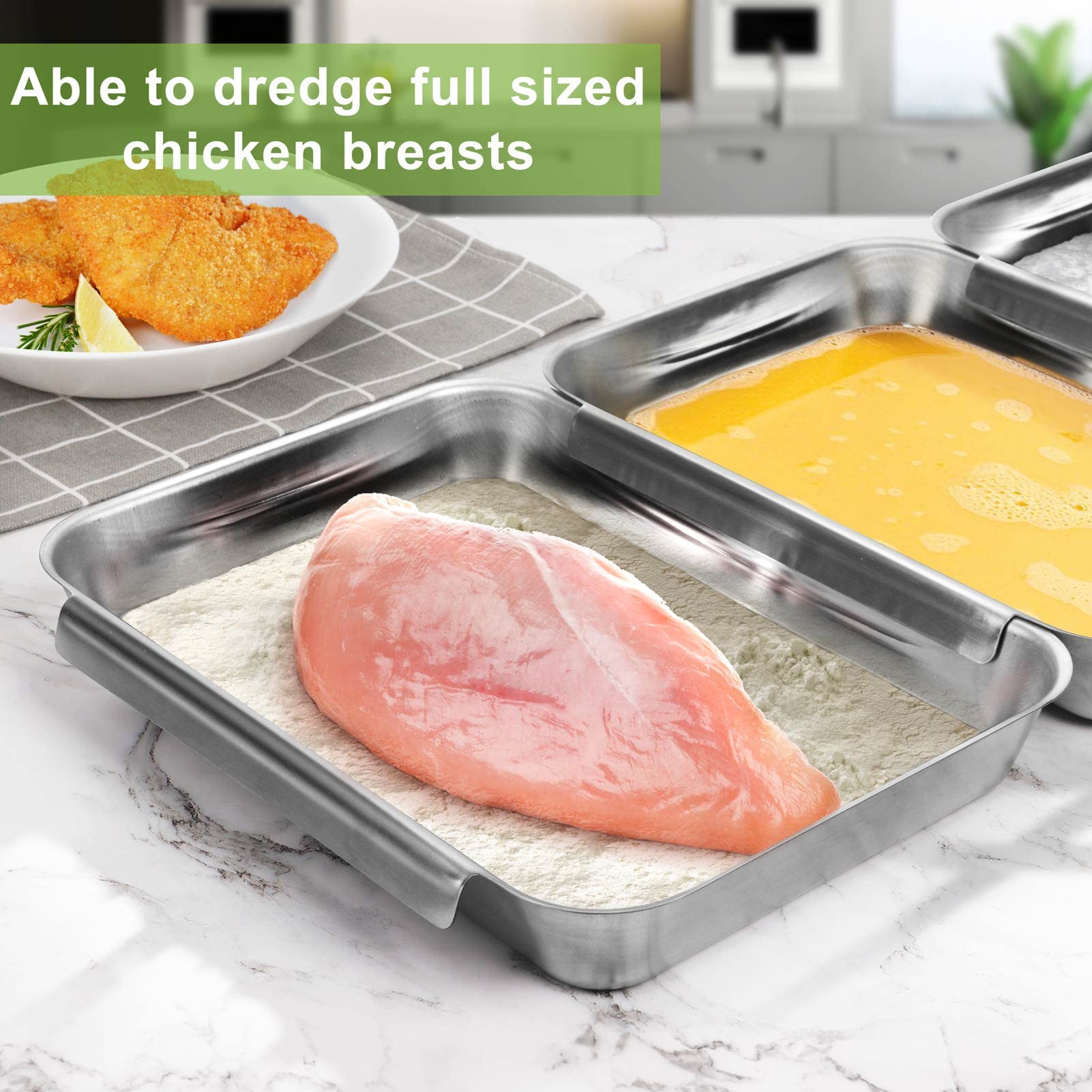 Hulisen Breading Trays Set Of 3, Large Stainless Steel Breading Pans For Dredging Chicken Breasts And Marinating Meat, Interlock