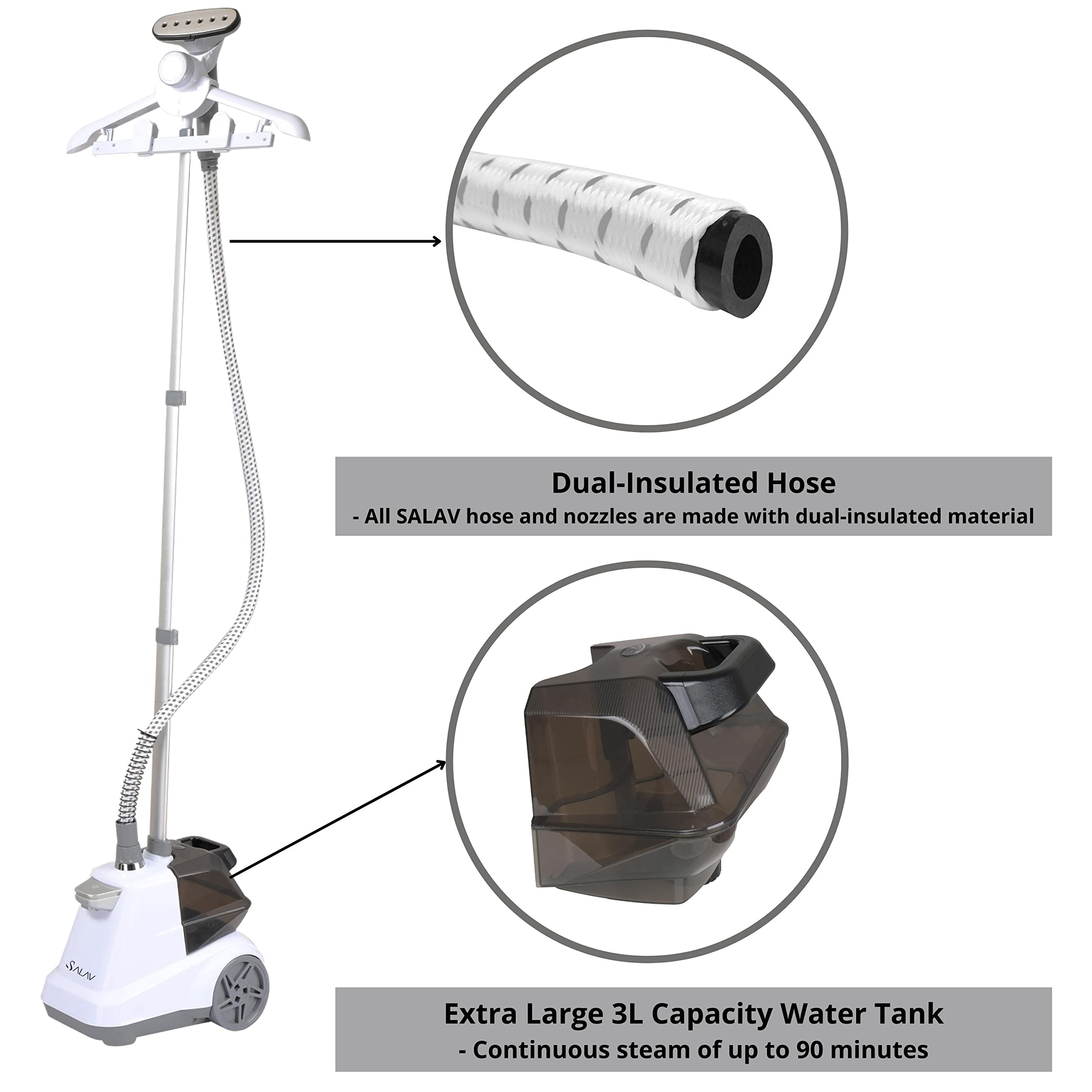 Salav Heavy Duty Commercial Full-Size Garment Steamer With Foot Pedals And Extra Large 3L (101.5 Oz) Water Tank, 1800 Watts, 90+