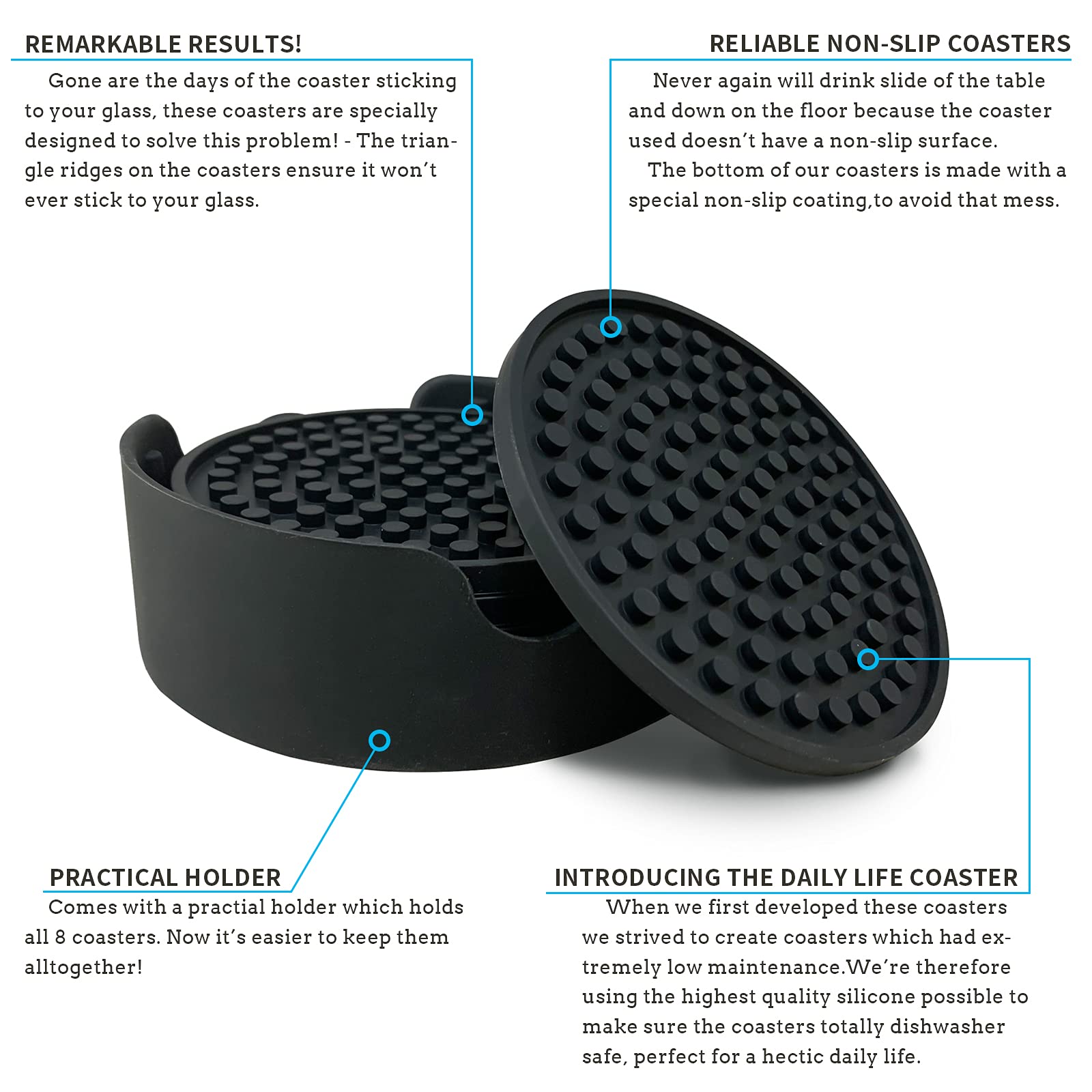 Silicone Coasters Set Of 6 Thickened Drink Coasters With Holder - Cup Mat - Non-Slip, Non-Stick, Stay Put, Deep Tray - Prevents