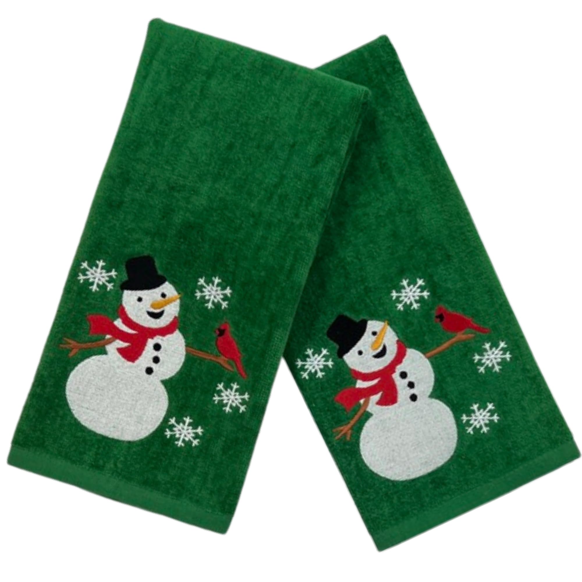 Serafina Home Holiday Christmas Bath Hand Towels, Embroidered Happy Snowman With Cardinal Friend With A Stitched Hem On Green, 2