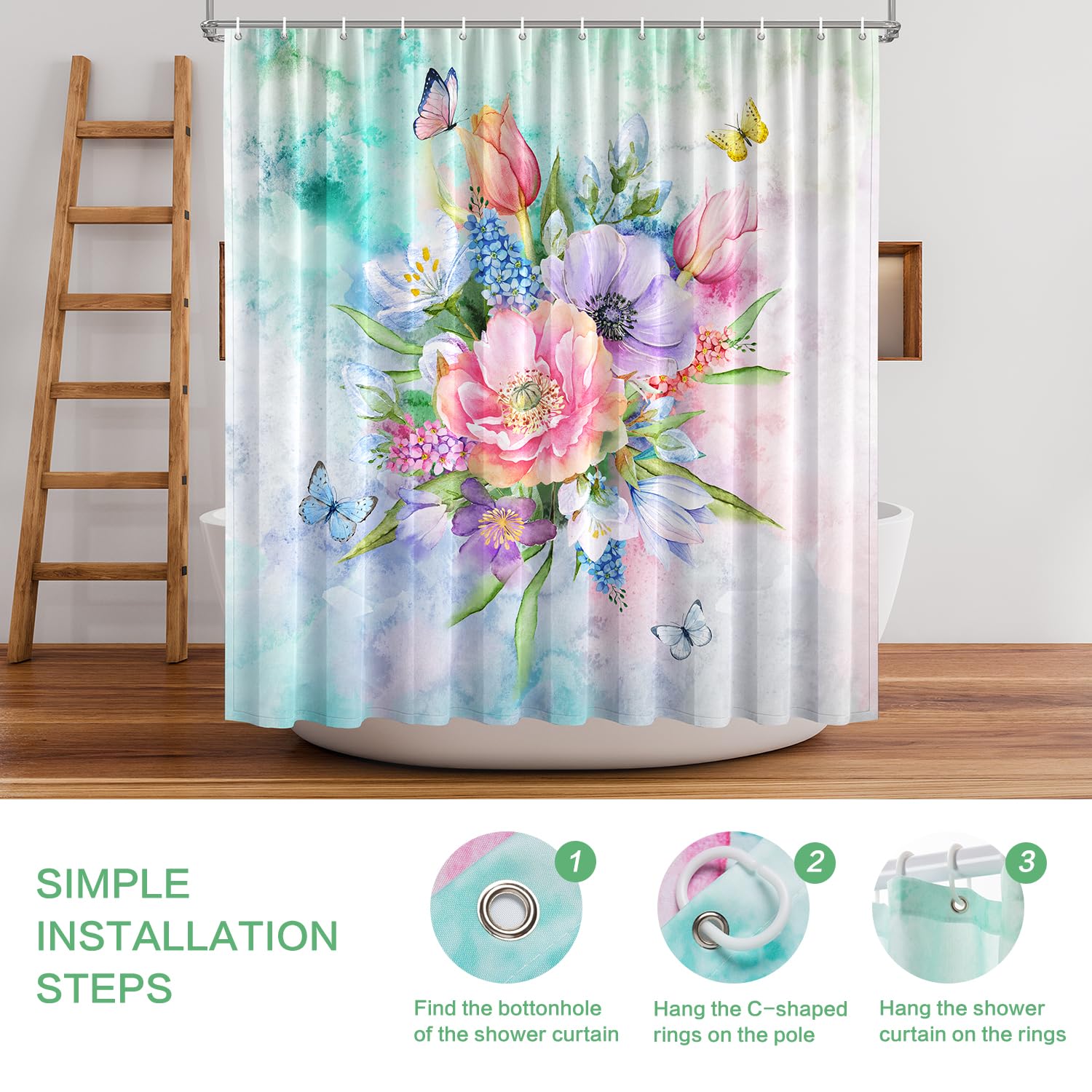 Floral Shower Curtain, Watercolor Flowers Shower Curtain Summer Blooming Flowers Painting Shower Curtain Sets Waterproof Polyest