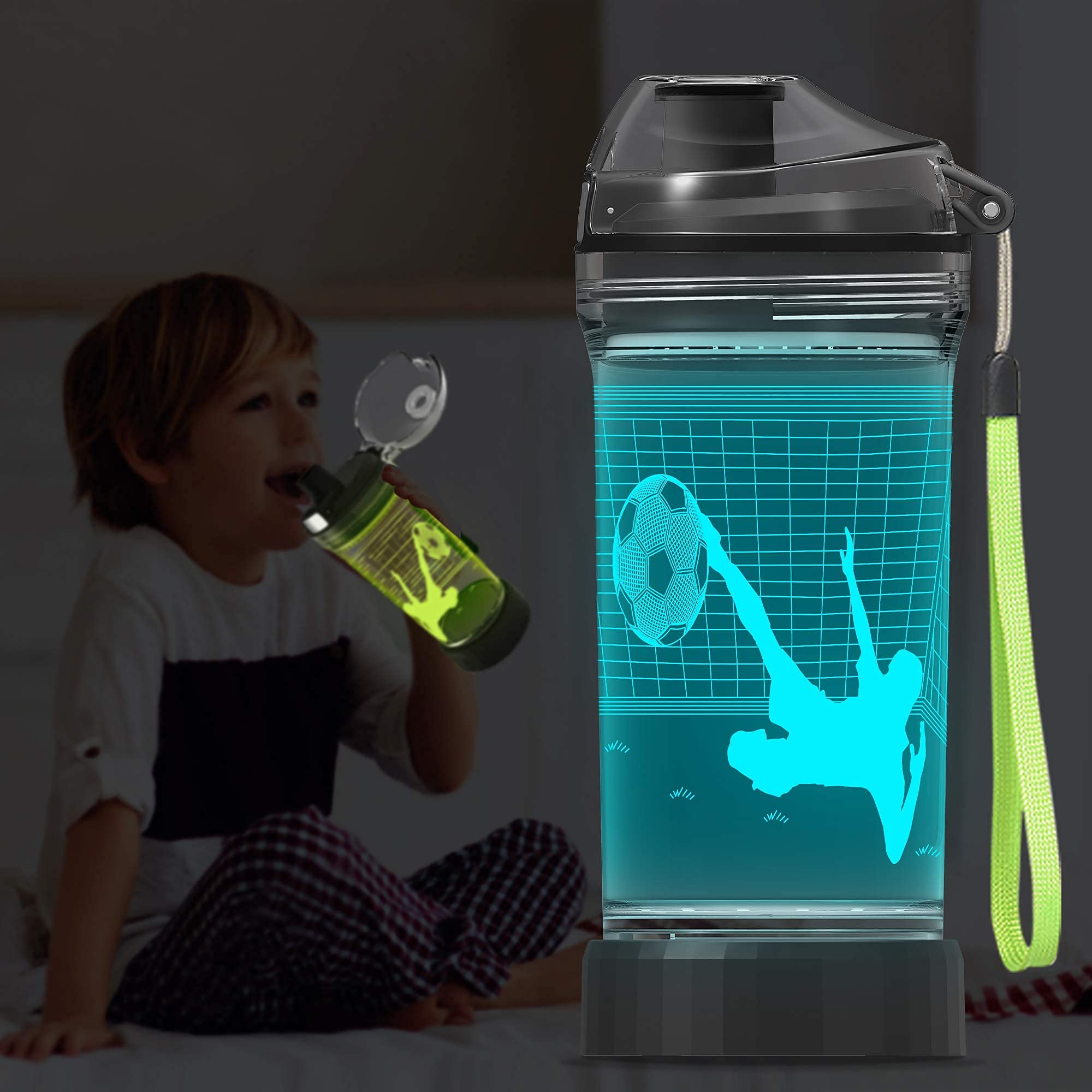 Yuandian Soccer Gifts, Light Up Kids Water Bottle With 3D Soccer Illusion Lamp- 14 Oz Tritan Bpa Free Eco-Friendly - Cool Drinki