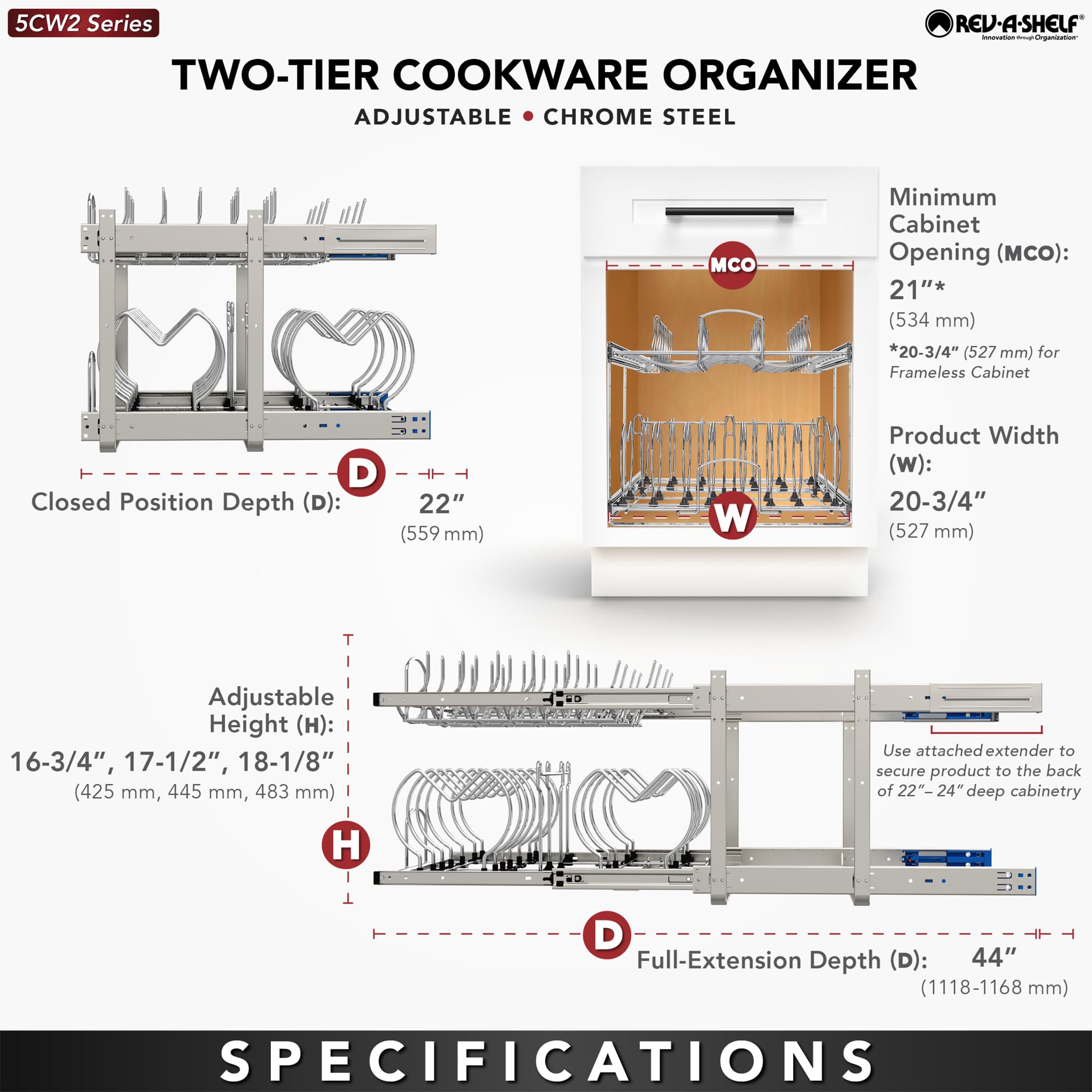 Rev-A-Shelf 2-Tier Kitchen Cabinet Pullout 20.75 Cabinet Organizer For Pots, Pans, And Lid Cookware, Adjustable Heavy Duty Wir