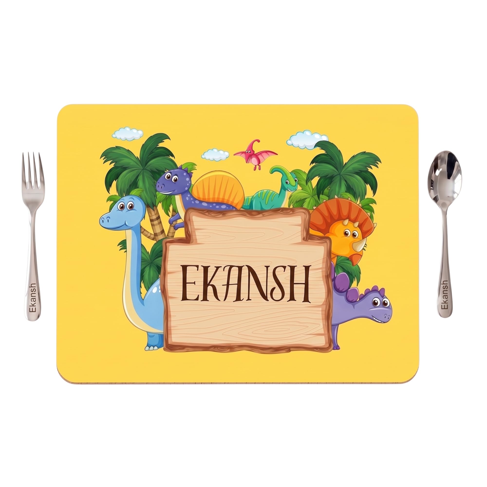 K to Y Personalized Dining Mat for Kids  Custom Name Placemat with Spoon & Fork, NonSlip Waterproof Table Mat, Birthday Return