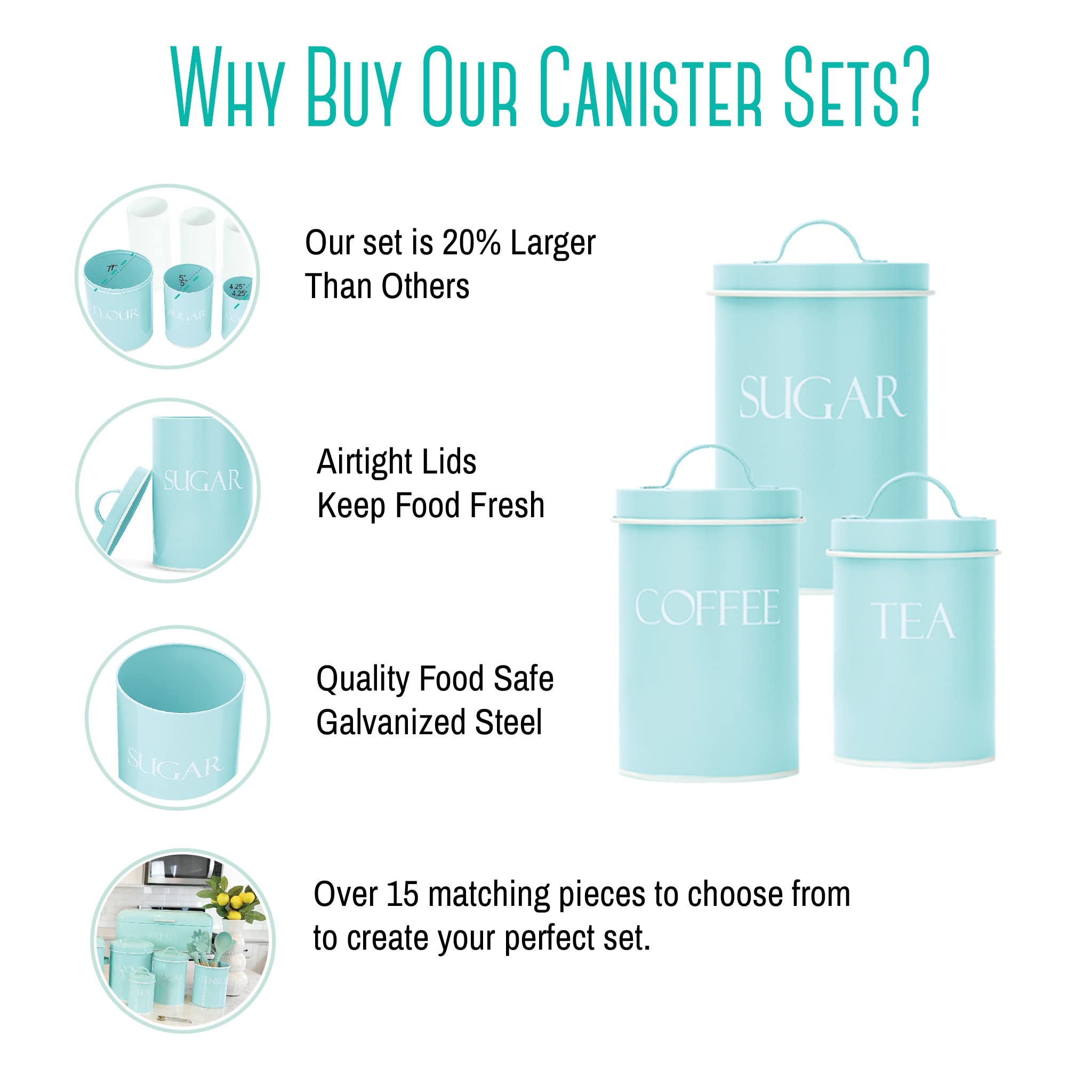 Outshine Kitchen Canisters For Countertop Set Of 3 | Farmhouse Canister Sets For Kitchen Counter Mint | Flour Sugar Coffee Canis
