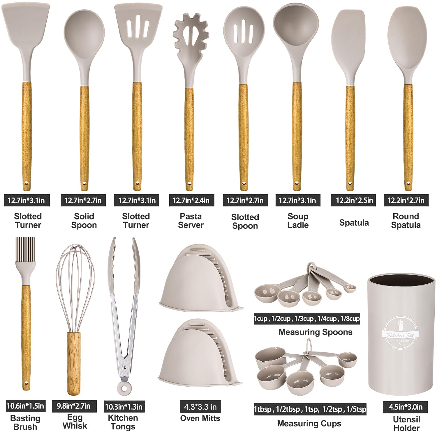 24 Pcs Kitchen Cooking Utensils Set,446F Heat Resistant Non-Stick Silicone Kitchen Utensil Set With Wooden Handles And Holder,Ki