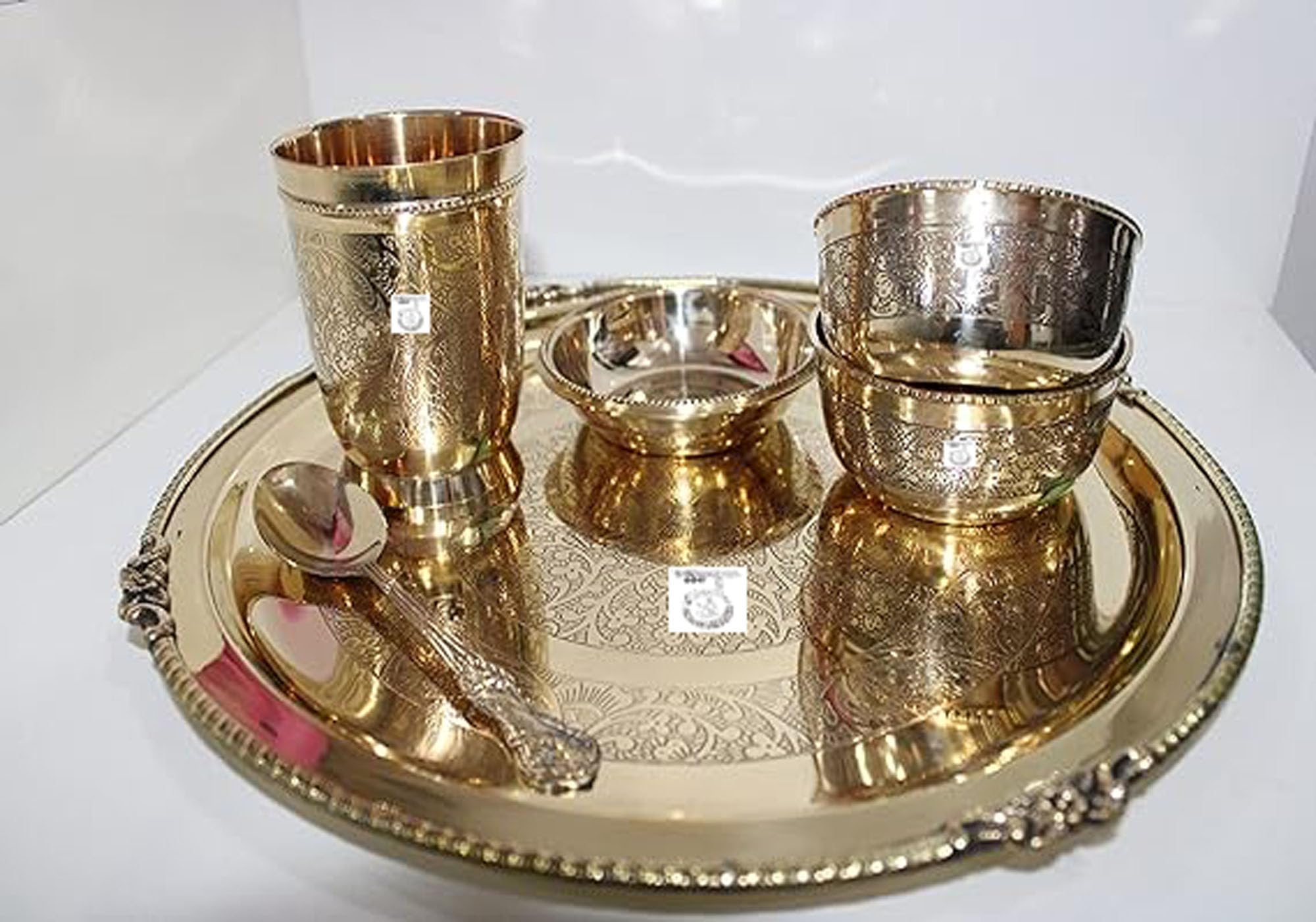 THATHERA Handmade Traditional Brass Thali Utensils Set Cooking, Serving, and Eating Food (Set of 6) Gold Color
