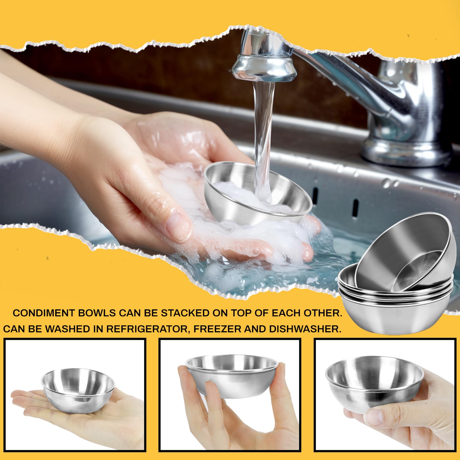 Billioteam 6 Pcs Stainless Steel Sauce Dishes, Round Seasoning Bowls, Mini Appetizer Plates, Sushi Dipping Bowl Mixing Saucers (