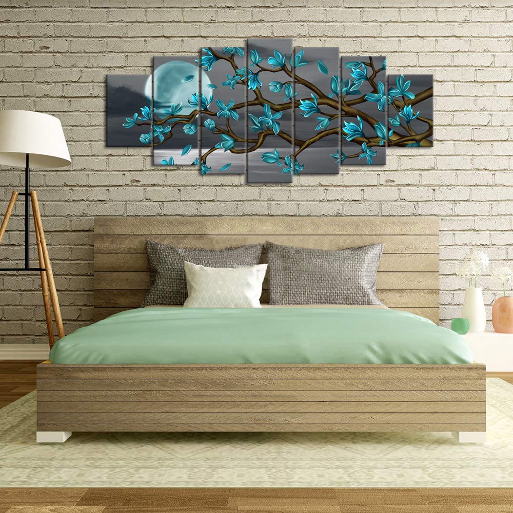 Visual Art Decor Xlarge 7 Piece Teal Full Moon Lanscape Wall Art Teal Tree Painting Canvas Art Prints Framed Ready To Hang, 70X3
