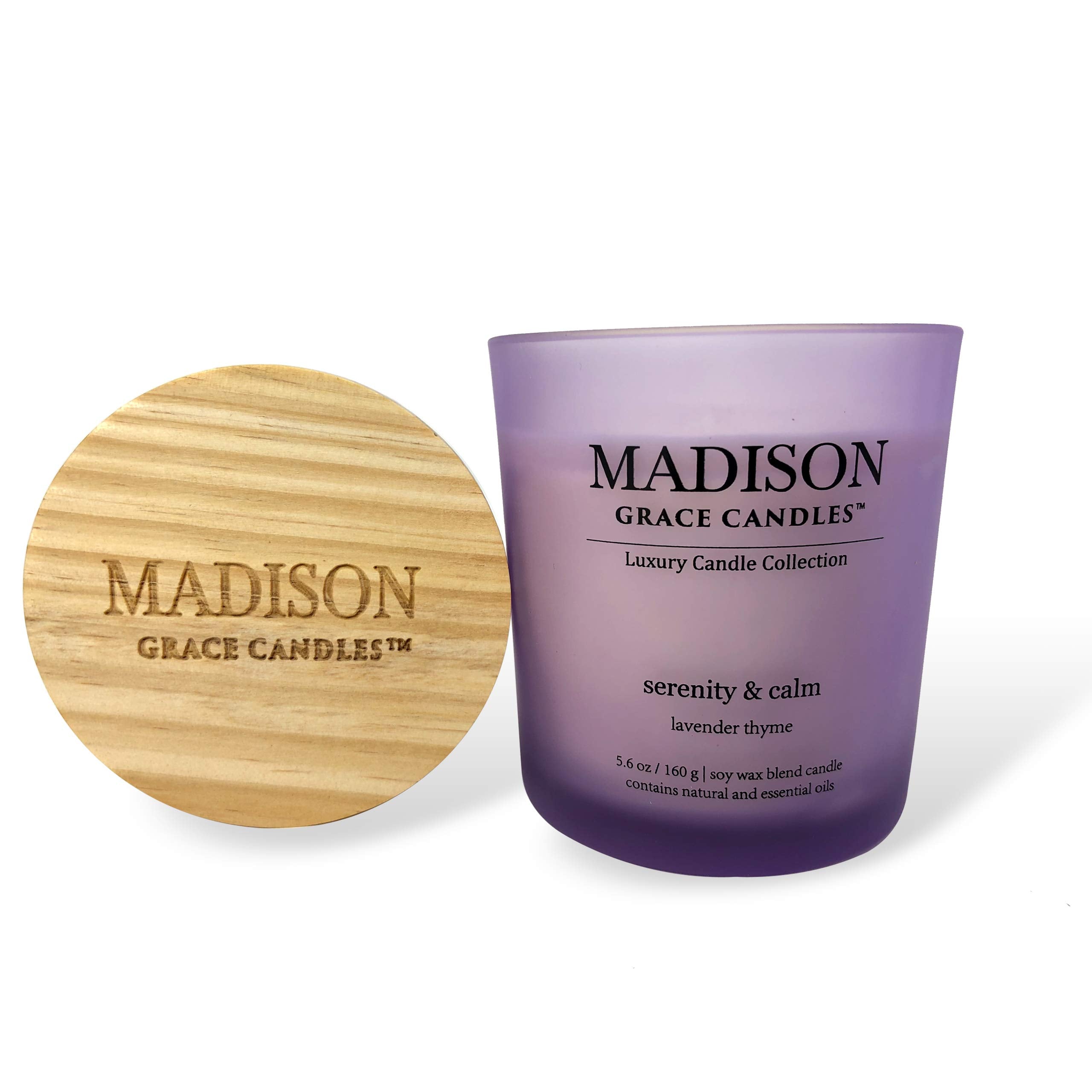 Madison Grace Lavender Scented Soy Wax Candle, 5.6 oz, Frosted Jar with Wooden Lid, Aromatherapy Gift for Mom, Birthday, Mother'