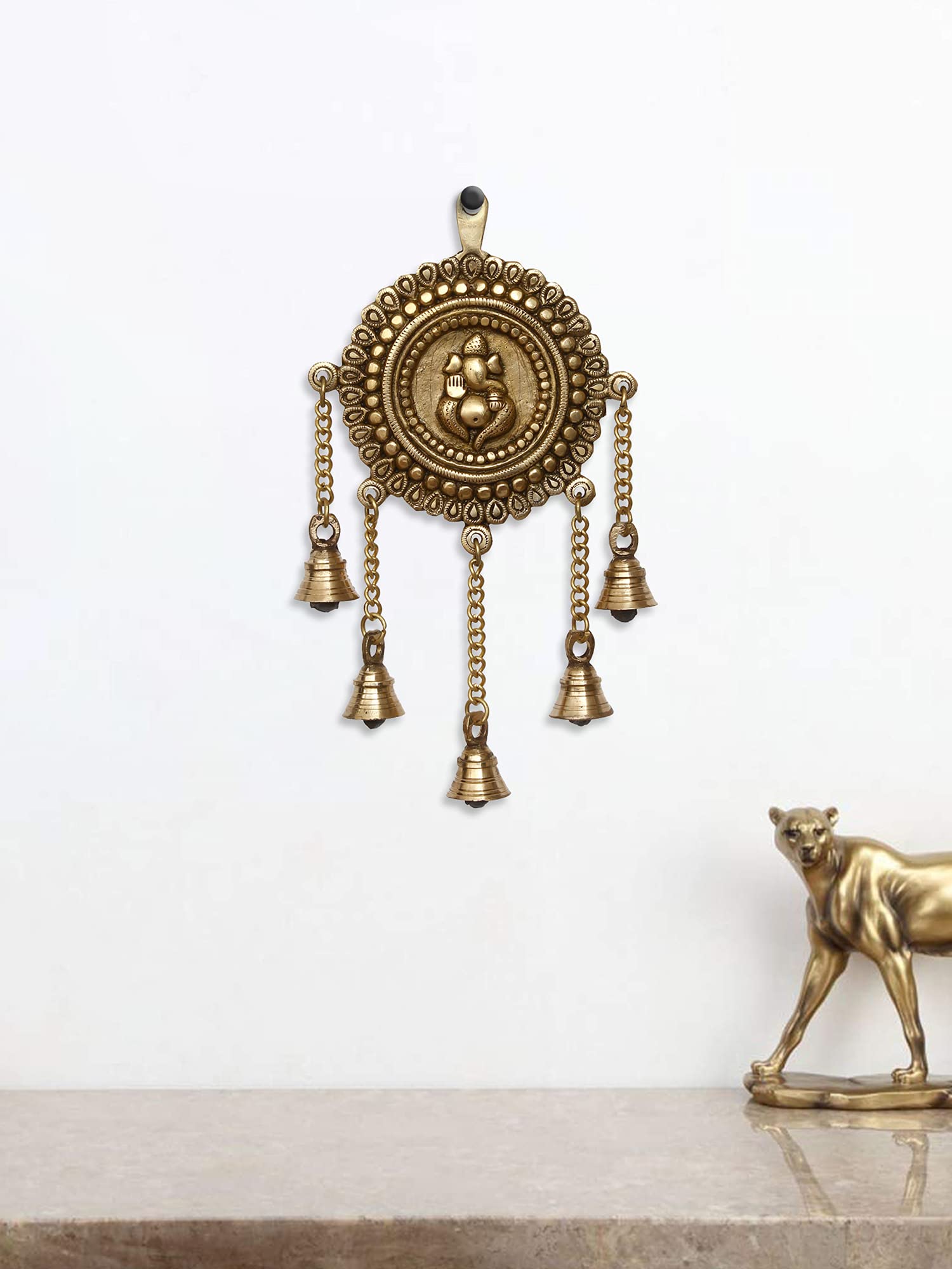 Ecraftindia Golden Brass Decorative Ganesha Wall Hanging Art With 5 Bells | Lord Ganesha Statue Decorative Showpiece For Wall De