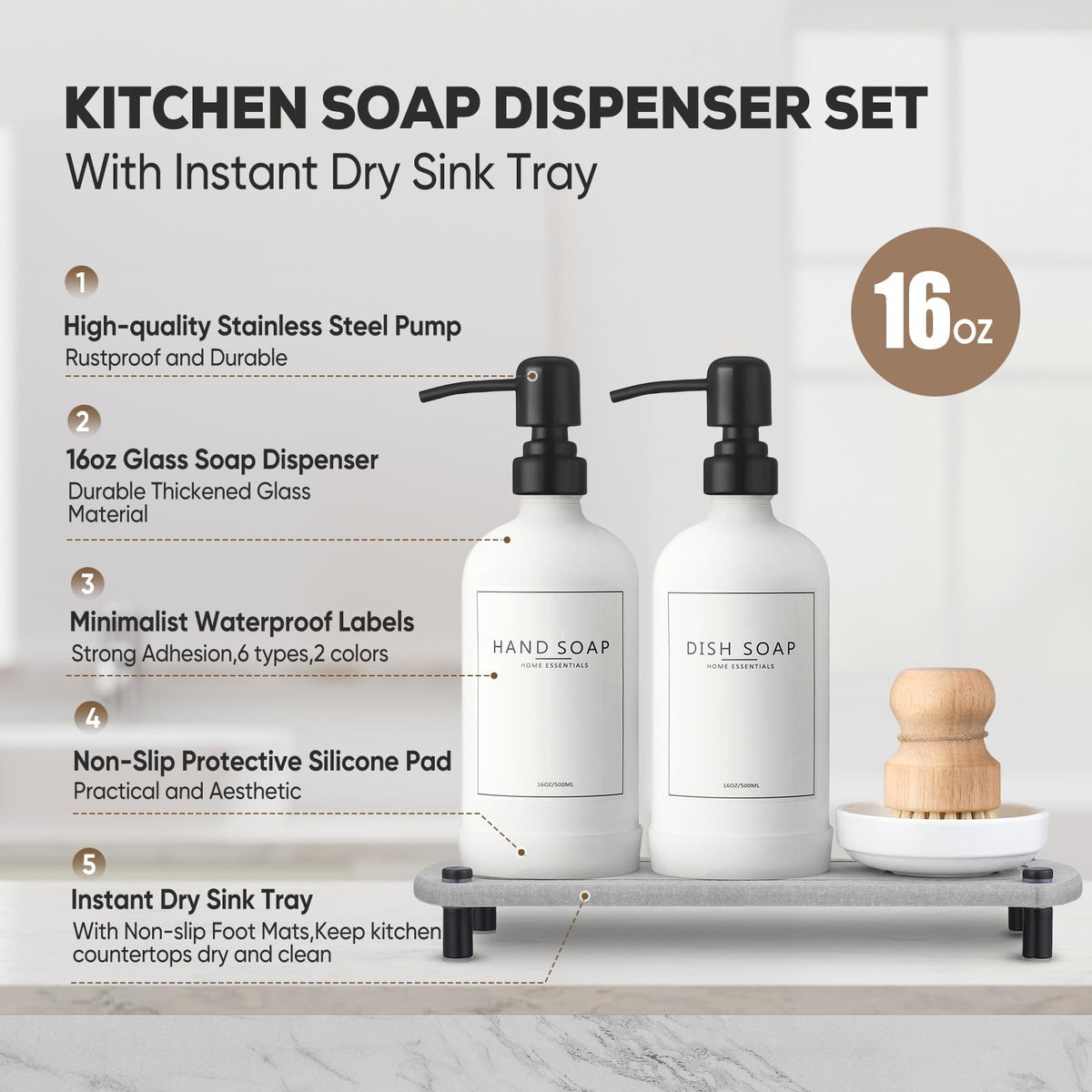 Neeczs Kitchen Soap Dispenser Set With Instant Dry Tray,16 Oz Hand And ...