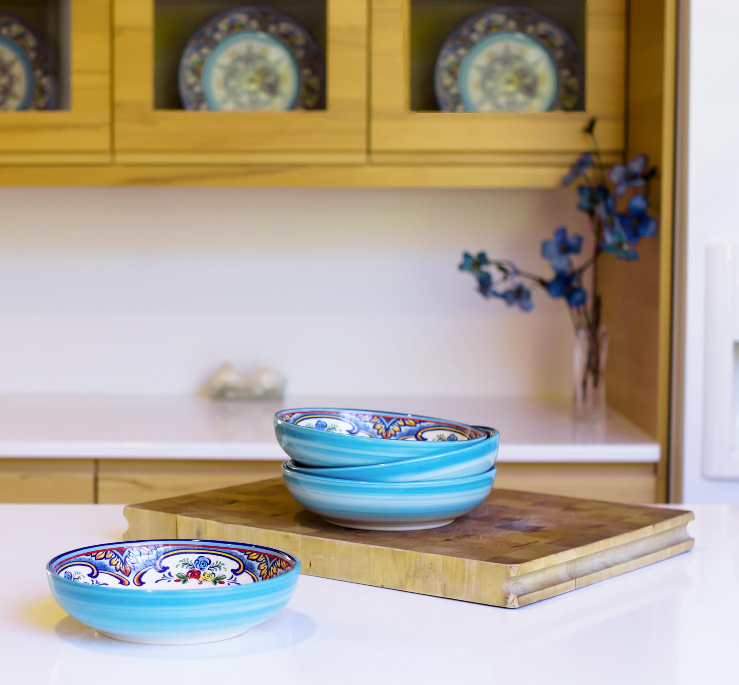Euro Ceramica Zanzibar Collection Pasta Bowl Sets, Set Of 4, Spanish Floral Design, Multicolor Blue