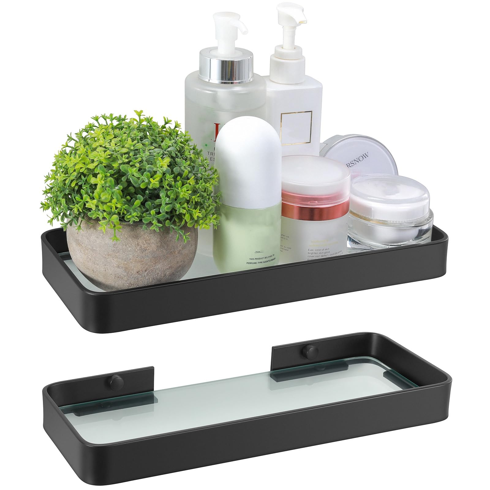 Z metnal Small Glass Bathroom Shelves, Matte Black Floating Shelf Wall Shelf Organizer, Wall Mounted (Clear Glass, 11.8 inch)