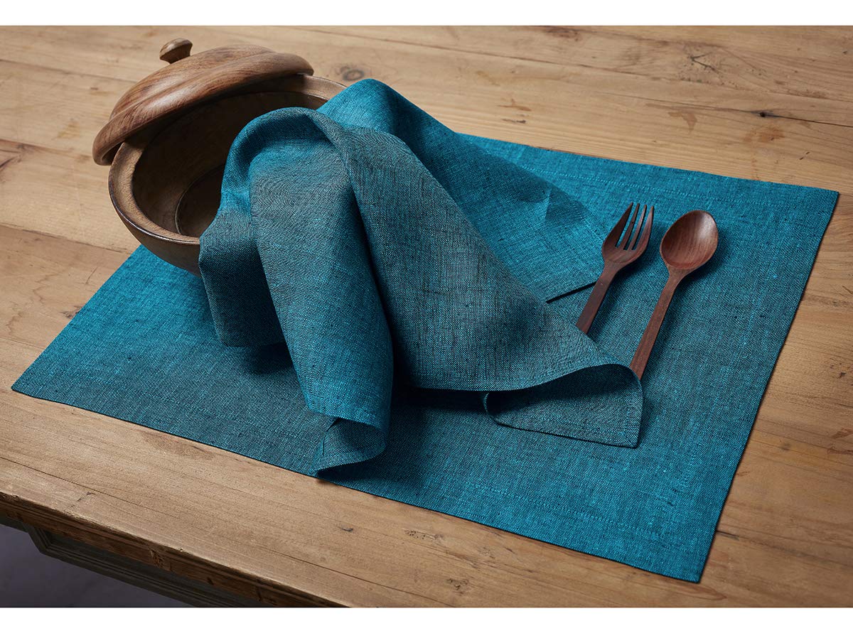 Solino Home Linen Placemats 19'' L X 14'' W Inch - 100% Pure Linen Chambray Teal Cloth Placemats Set Of 4 - Athena, Washable Fab