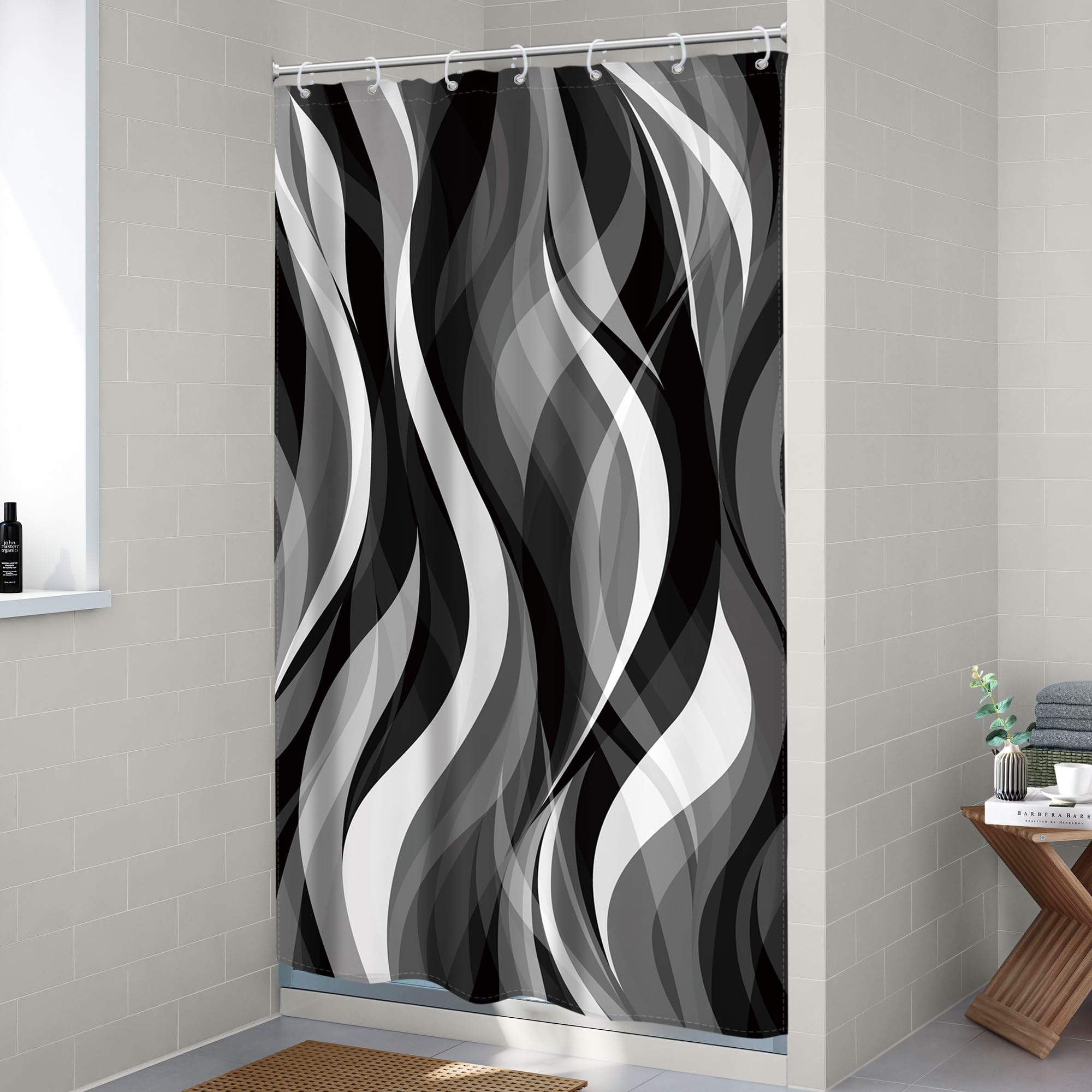 Riyidecor Stall Small Rv Black White Grey Shower Curtain Half Size Narrow Abstract Striped Minimalist Geometric Modern 36Wx72H I