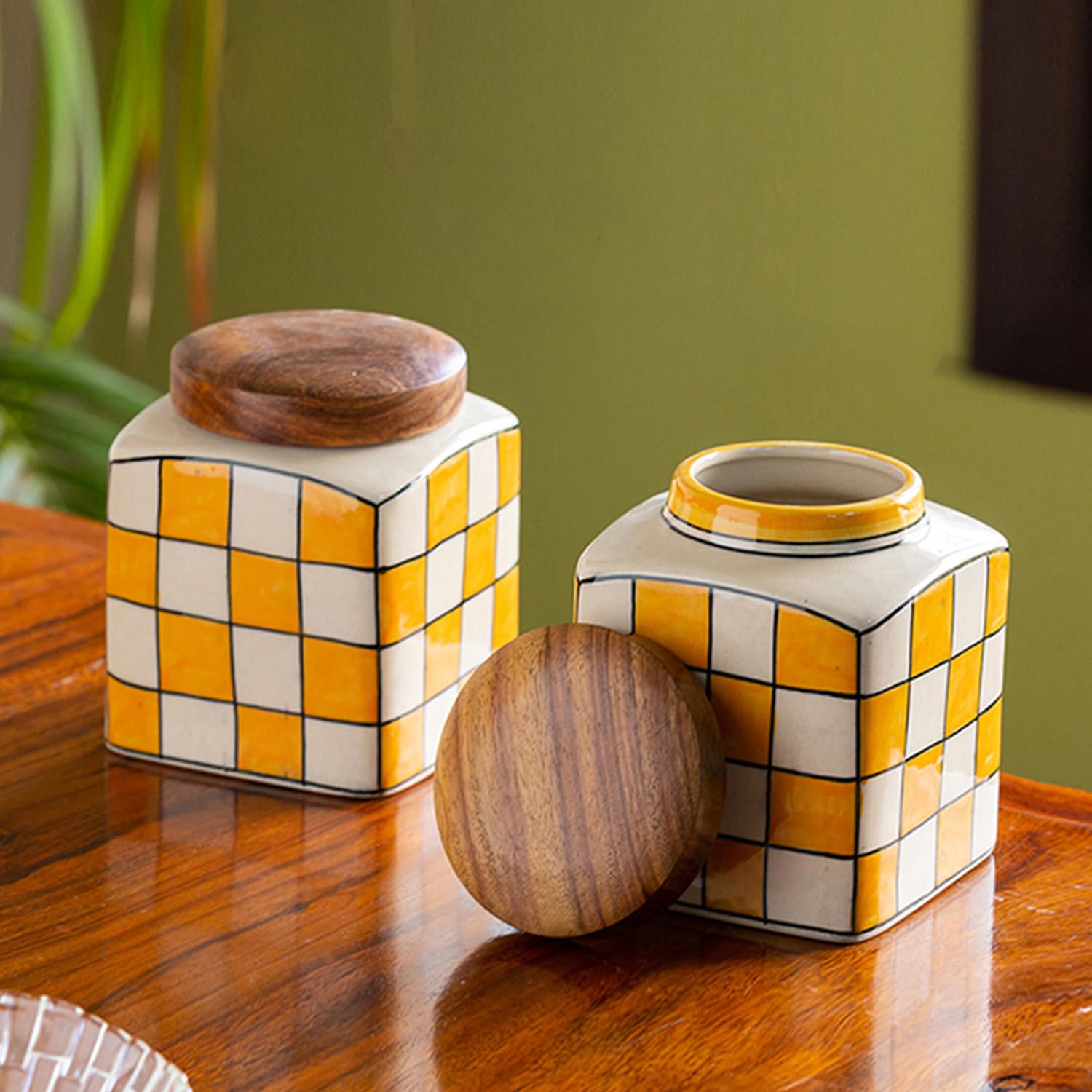 Exclusivelane Shatranj Check Handpainted Multipurpose Storage Ceramic Jars & Containers With Wooden Lid (Airtight, Set Of 2, 2