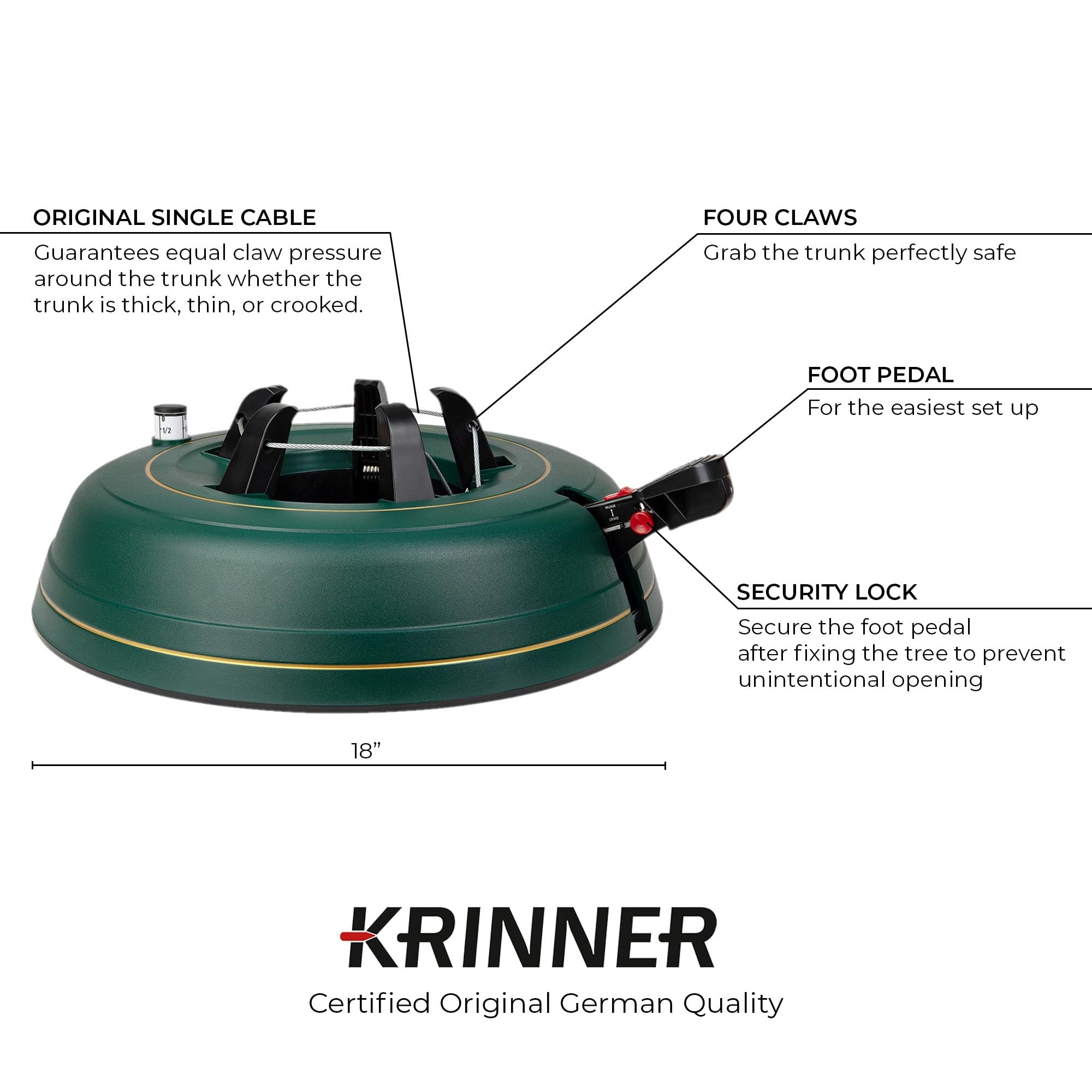 Krinner Christmas Tree Genie XL - Green Tree Stand - Original Single Cable Operation, Holds up to 10 ft Live Trees - Foot Pedal
