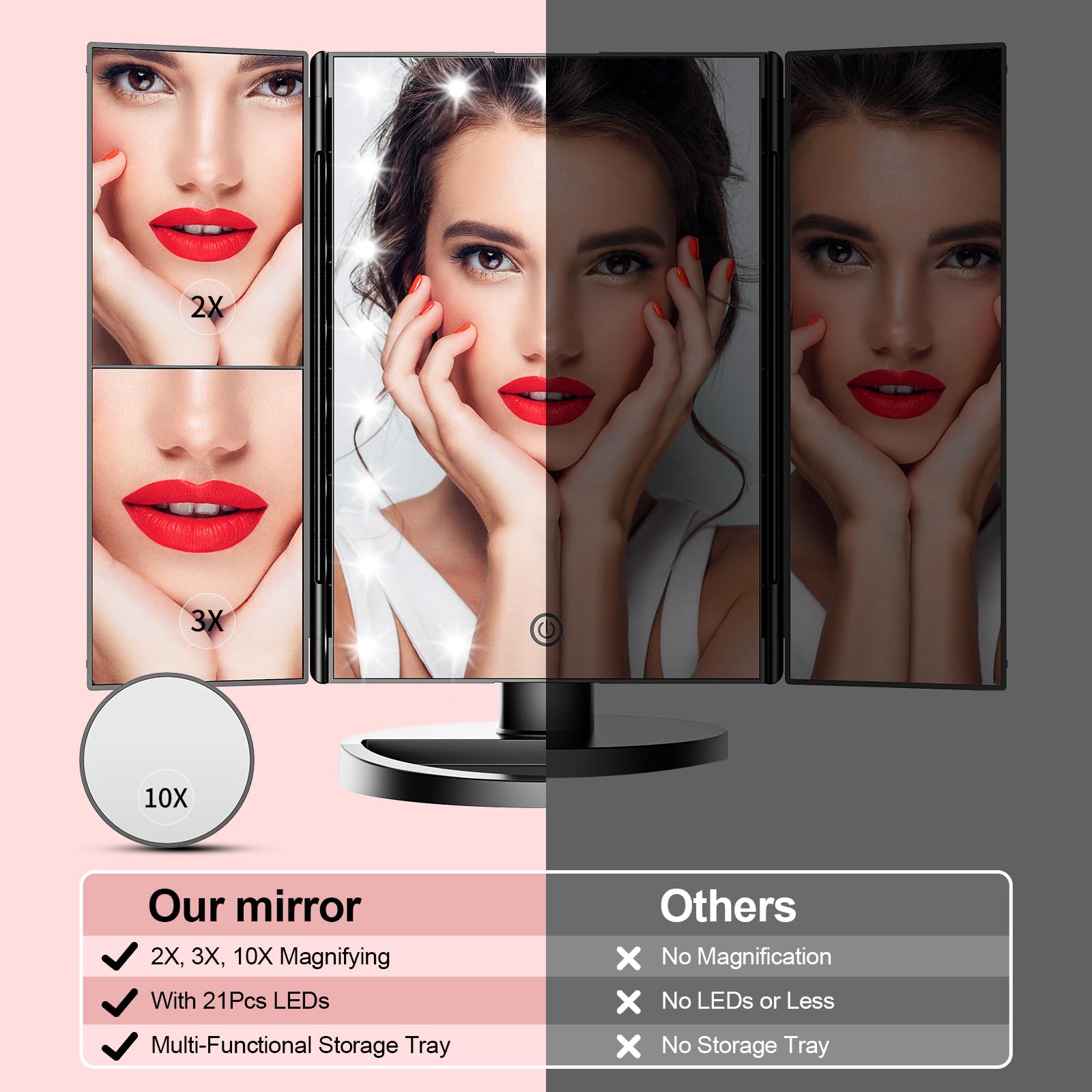 Eluosin Vanity Mirror With Lights, Lighted Makeup Mirror With 2X 3X 10X Magnification, 21 Led Trifold Compact Touch Dimming Ligh