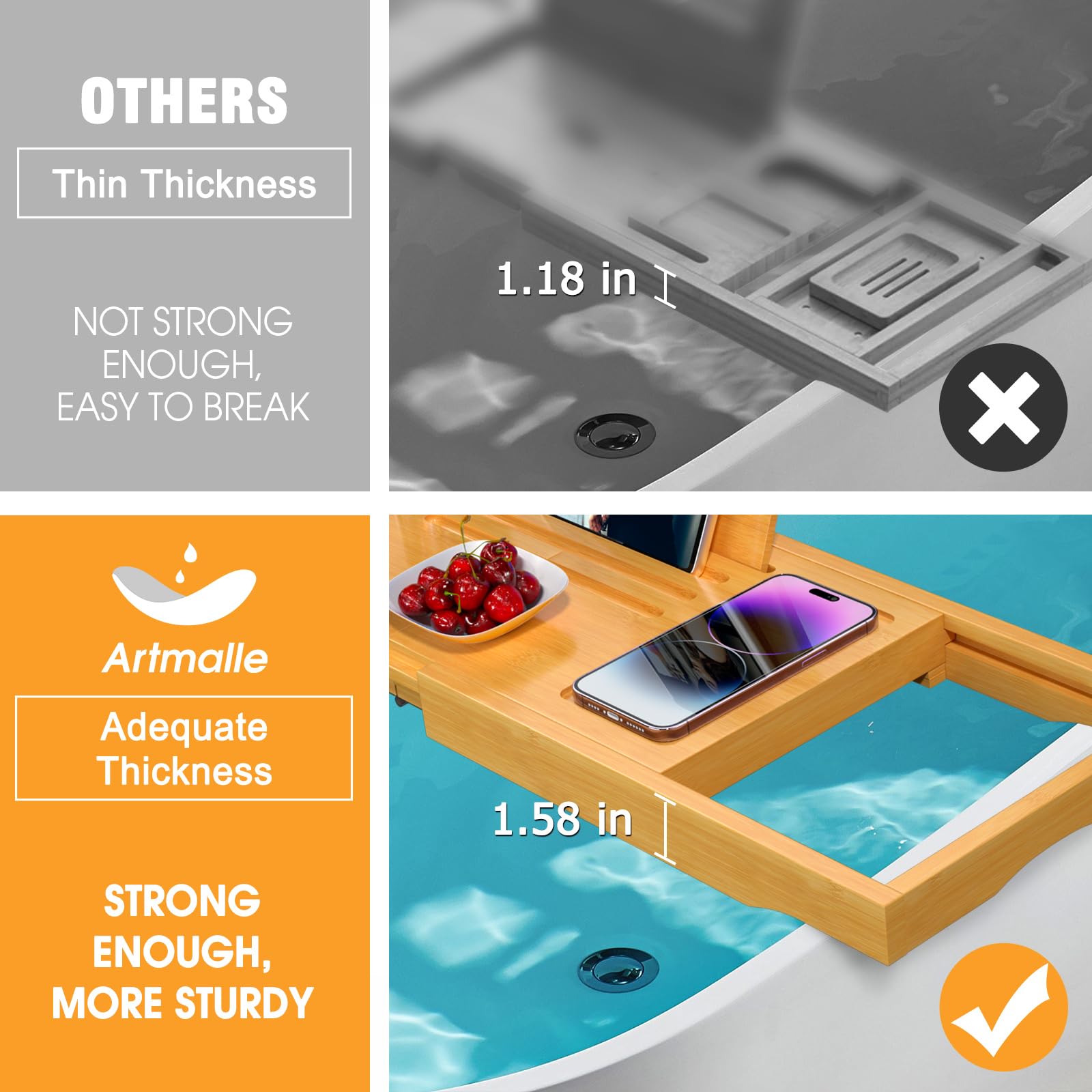 Artmalle Bathtub Caddy Tray For Tub, Expandable Bamboo Bath Table Tray With Book Stand For Home Spa Relaxing, Foldable Minimalis