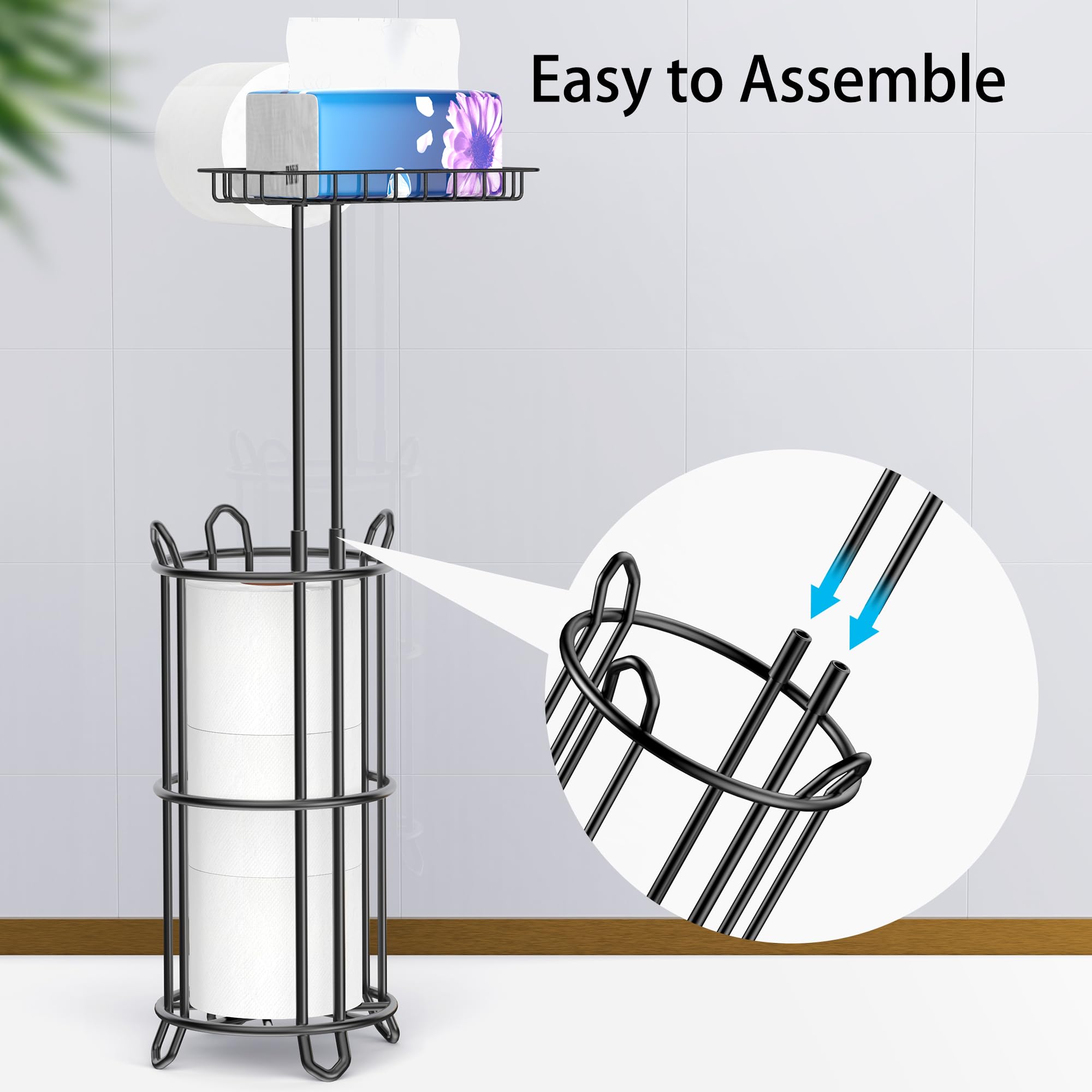 Meangood Toilet Paper Holder Stand With Shelf, Dispenser For 4 Mega Rolls, Bathroom Free Standing Tissue Roll Storage Holder Rac