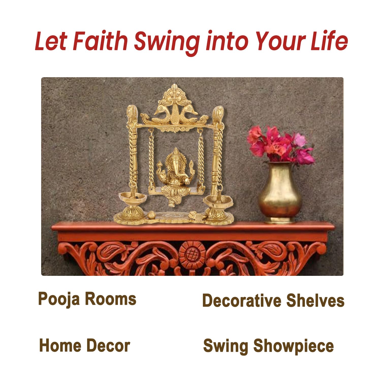 Kartique Brass Ganesh Jhula Idol | Ganesha On Swing Murti For Home, Mandir, Office Decor | Ganpati Bappa Statue For Housewarming