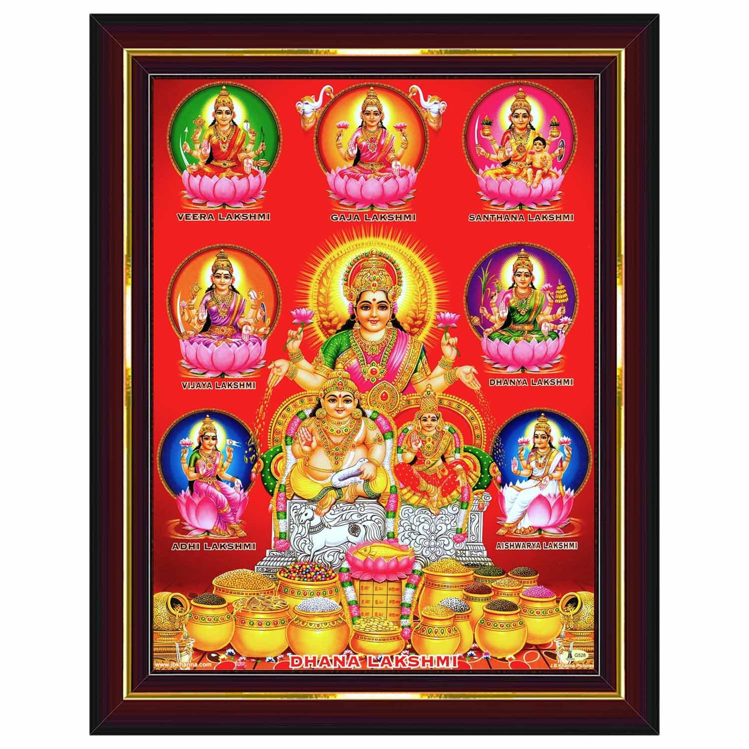 Pavan Photo Laminations Lakshmi Kubera Laxmi Devi Ashtalakshmi Kuber Wall Painting Framed Home Decor (Wood,Matte,Brown,Big Size,