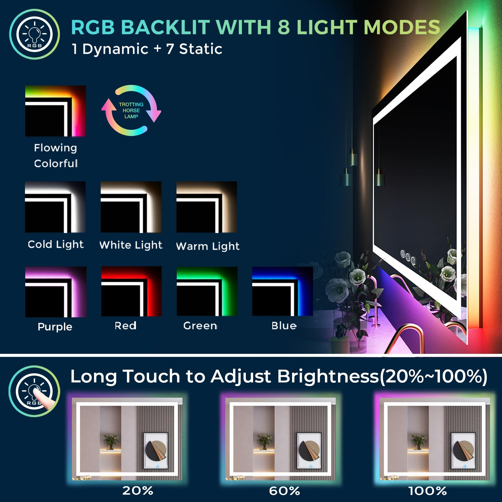 YEELAIT RGB LED Bathroom Mirror 36x28 Inch Front Light and RGB Backlit Lighted Vanity Mirror for Bathroom Wall Mounted Dimmable Anti Fog Memory Shatter-Proof IP54 Waterproof Horizontal/Vertical