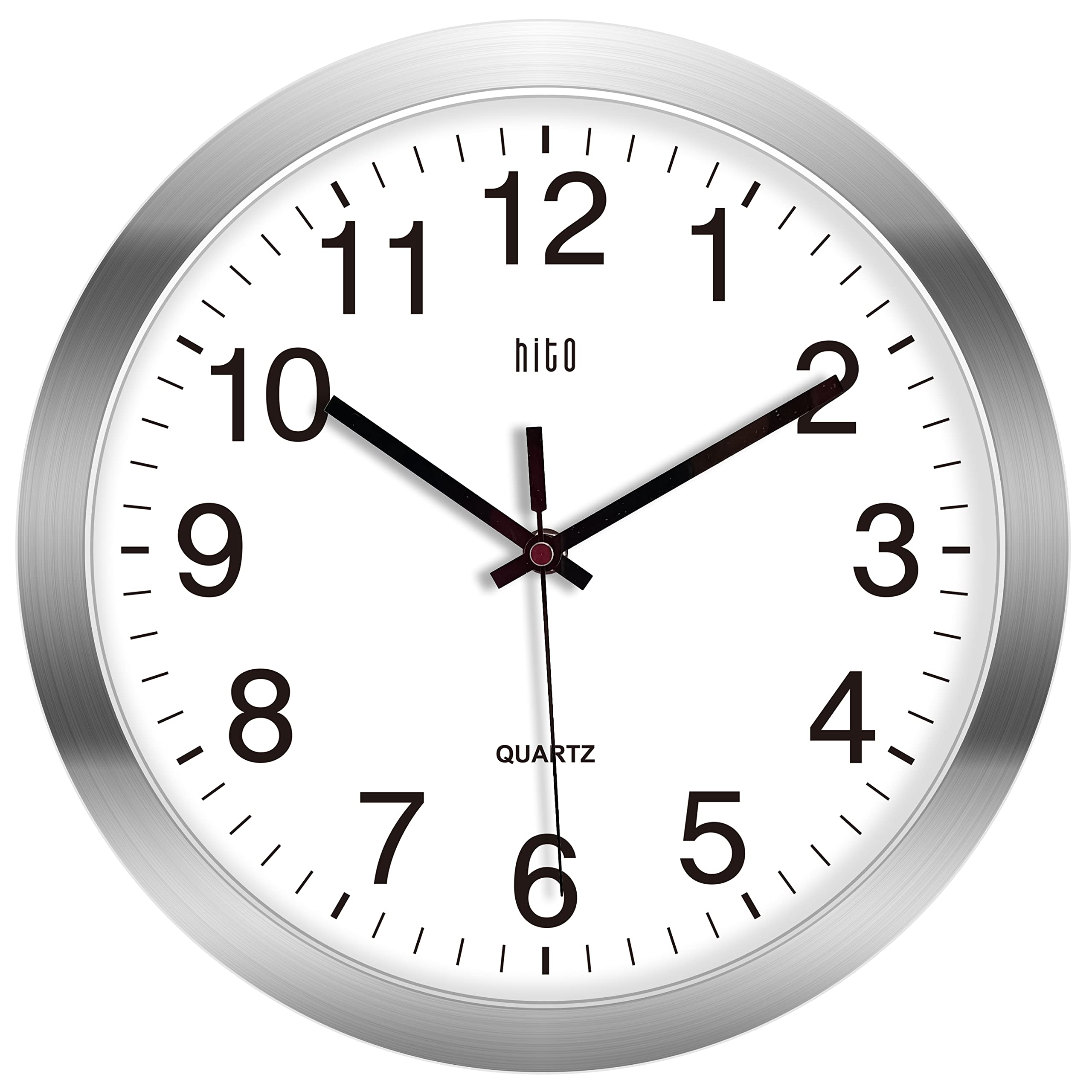 HITO 12 Inch Silent Wall Clock Battery Operated Non Ticking Glass Cover Silver Aluminum Frame, for Kitchen, Bedroom, Home Office