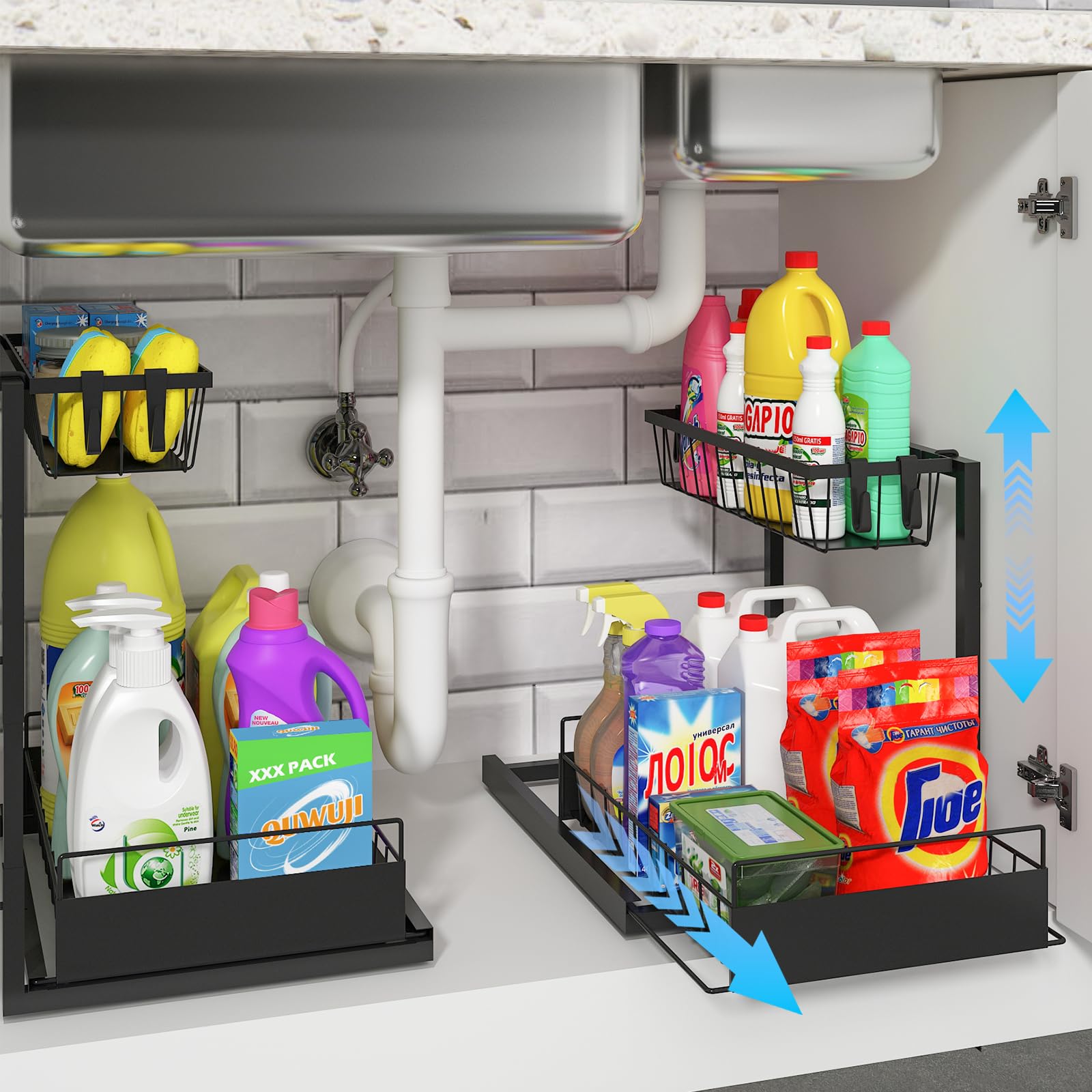 Realinn Under Sink Organizer, 2 Pack Height Adjustable Kitchen Organizers And Storage, 2 Tier Pull Out Sliding Cabinet Organizer