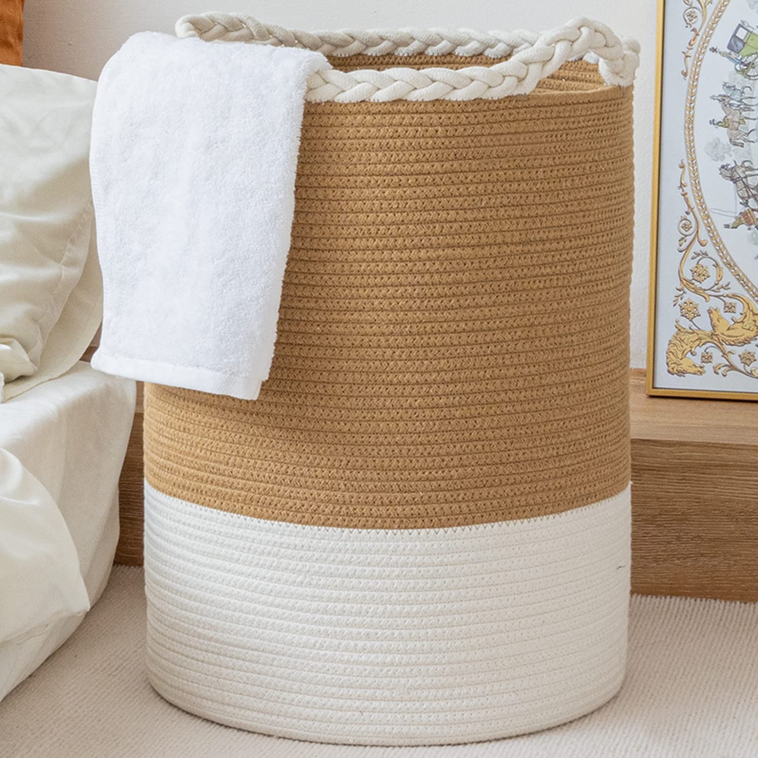 Homlikelan 72L Woven Laundry Basket,Tall Wicker Laundry Basket For Blankets,Clothes,Pillows,Toys,Shoes Large Cotton Laundry Hamp