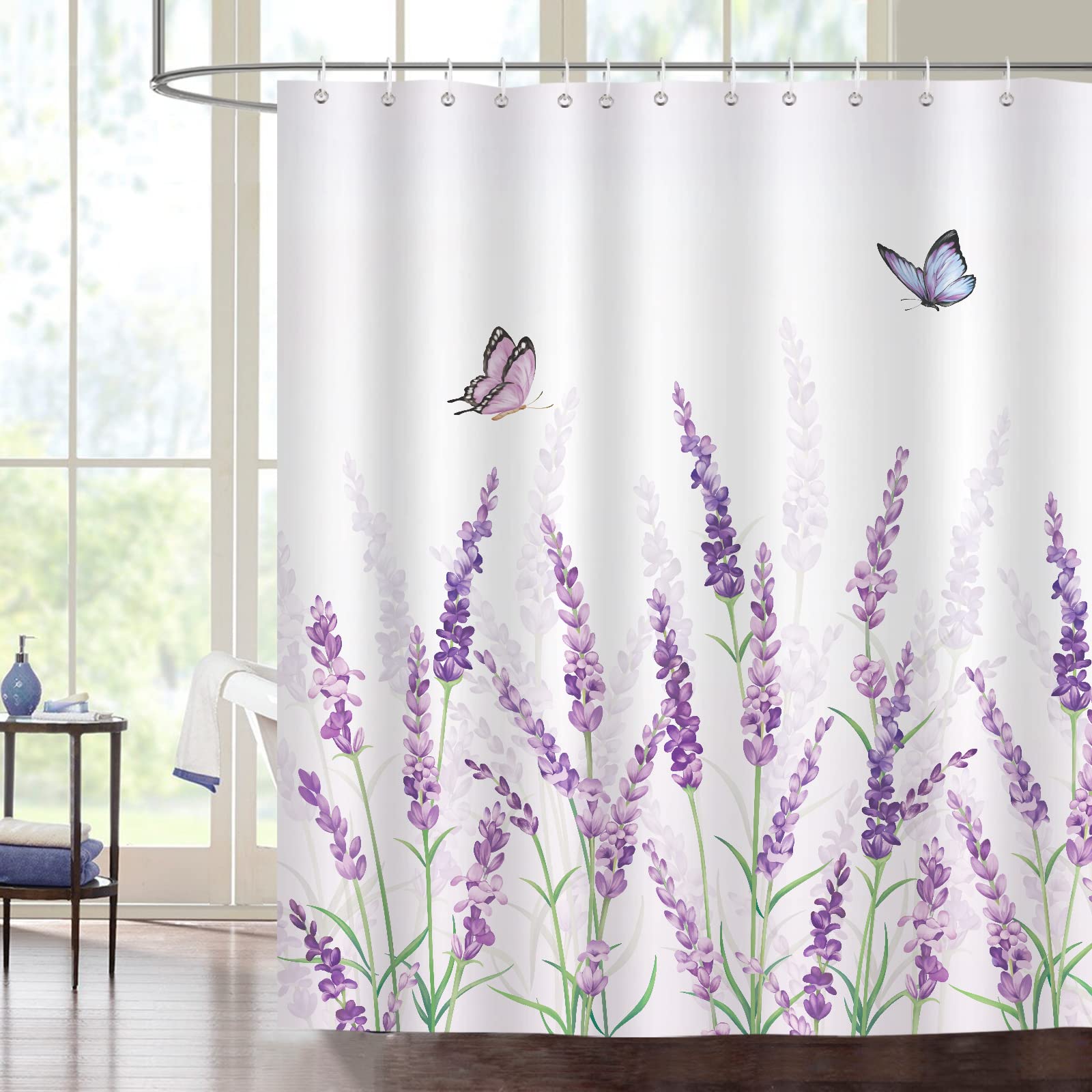 Bonhause Lavender Shower Curtain, Purple Floral Butterfly Bathroom Curtain 72X72 Inch Polyester Fabric Waterproof Bath Curtain W