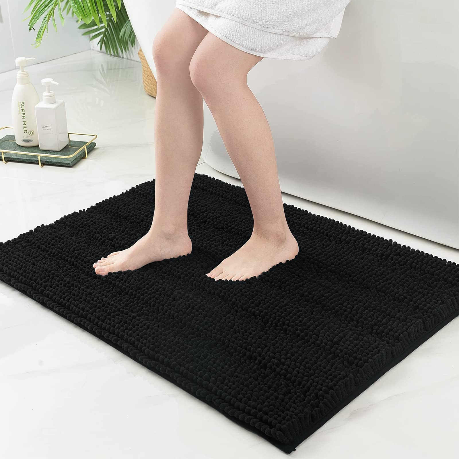 Grandaily Chenille Striped Bathroom Rug Mat  Extra Thick and Absorbent Bath Rugs  Non-Slip Soft Plush Shaggy Bath Carpet  Machine Wash Dry  Bath Mats for Bathroom  24x36  Black