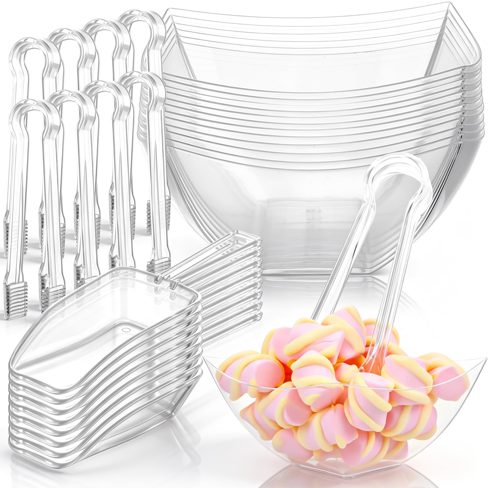 FoldTier 16oz 12 Clear Plastic Candy Bowls, 8 Scoops and 8 Tongs Set Square Disposable Plastic Buffet Containers for Chip, Snack