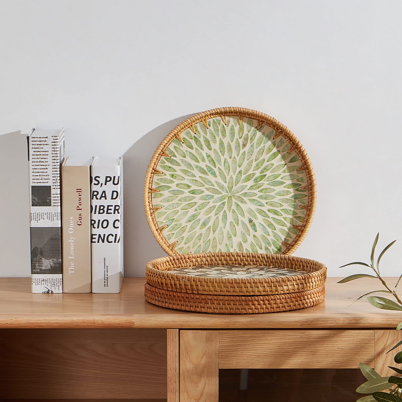 Round Rattan Tray With Mother Of Pearl Inlay, Rattan Serving Tray With Wooden Base, Decorative Wicker Basket For Table Decor, St