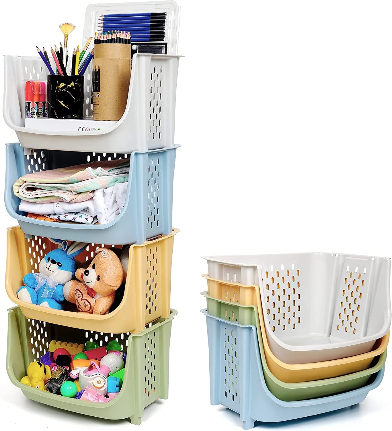 Alcy Stackable Storage Baskets, MultiPurpose Organizer Bins, Set Of 4, Pastel Colours