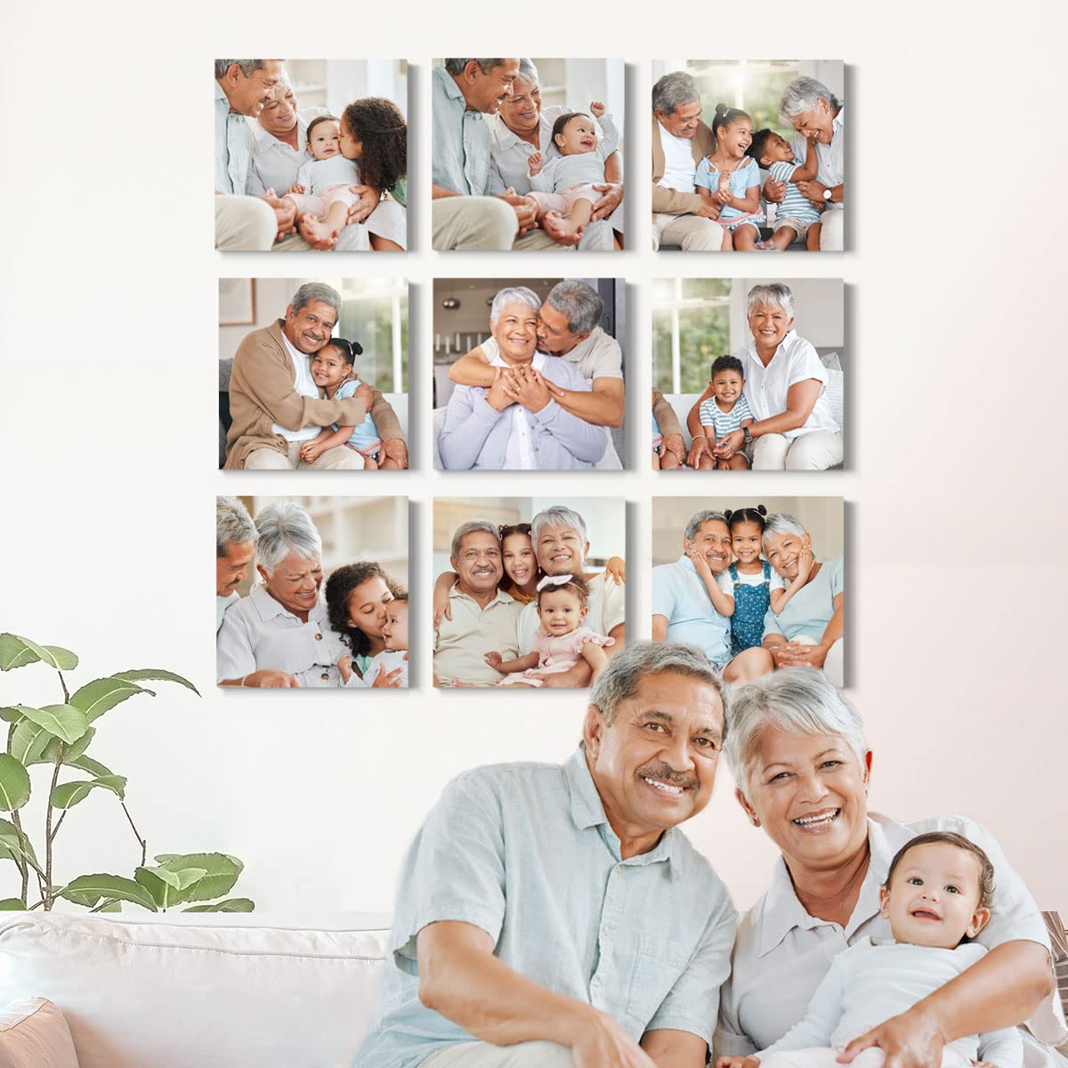 Renditions Gallery Set of 9  8x8 Custom Photo Canvas Prints with Solid Wood. Create Personalized Photos Picture Collage with Peel and Stick Photo Frames for Bathroom and Bedroom. Wrapped Canvas