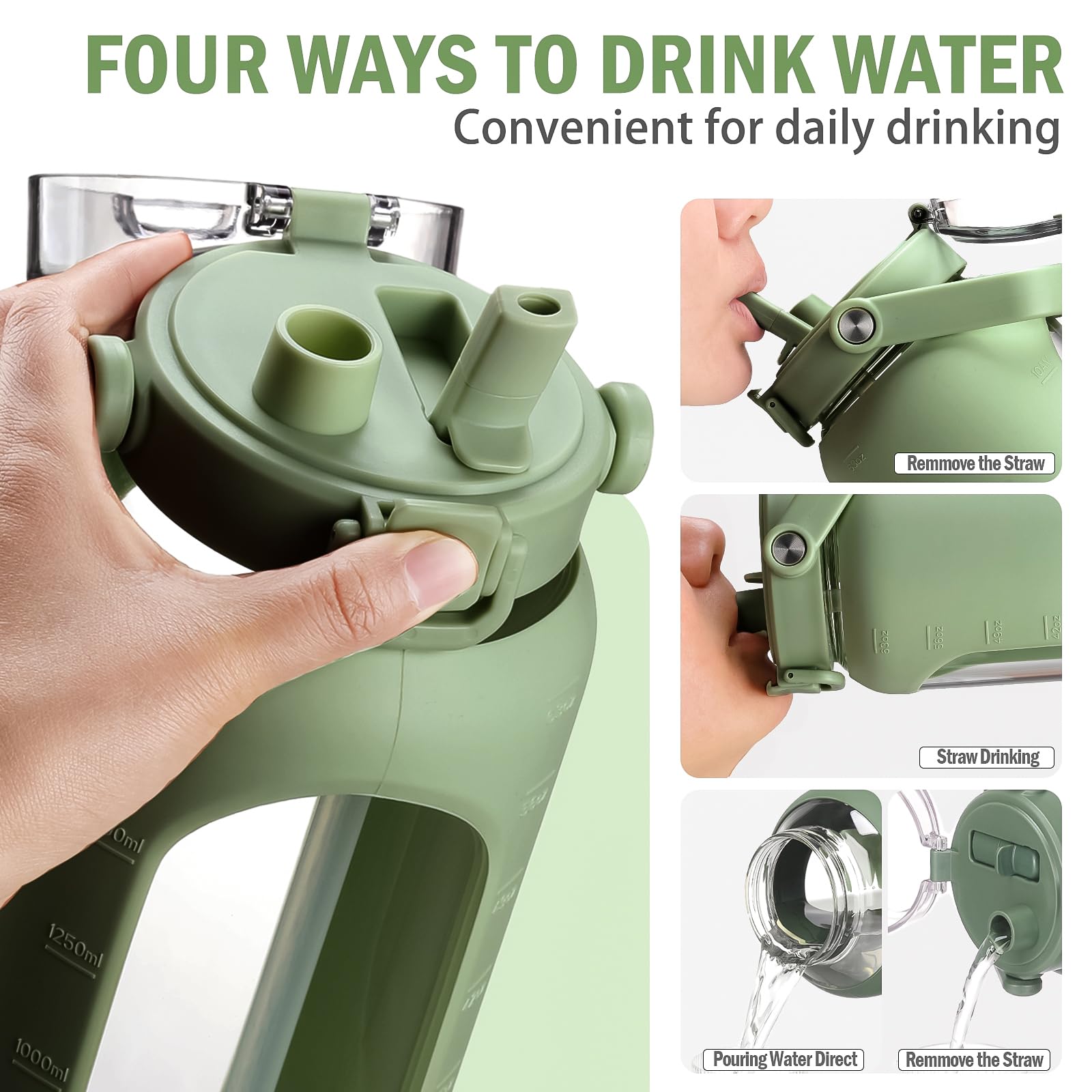 BLUEGO 64 oz Glass Water Bottles with Straw Time Marker Half Gallon Large Motivational Bottle Silicone Sleeve 2 Liter Jug for Gym  Sports& Workout  Olive