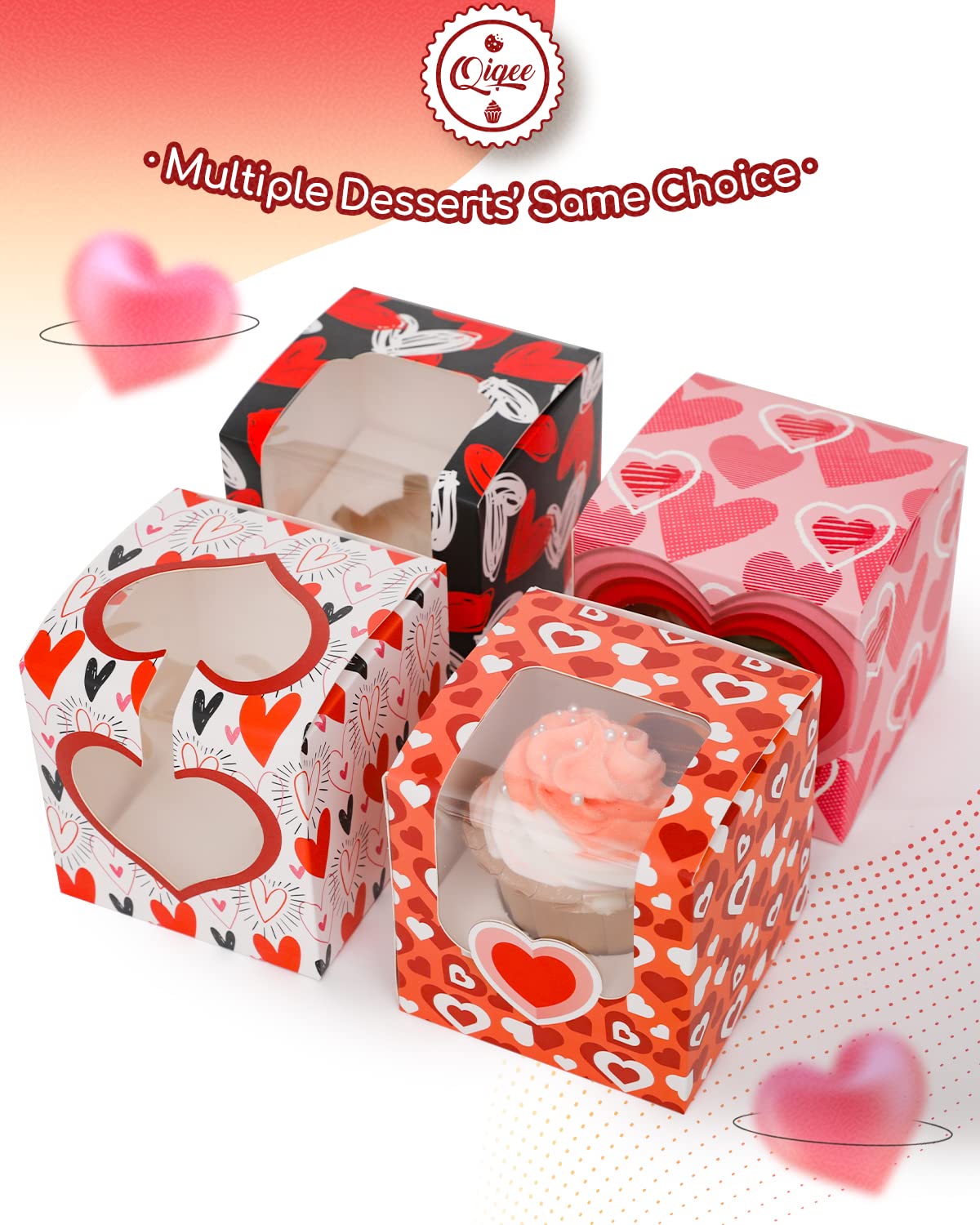 Qiqee Valentine Cupcake Boxes Individual 60Pcs Auto-Popup 3.5'' X 3.5'' X 3.5'' Single Cupcake Carrier Container For Vanlentine
